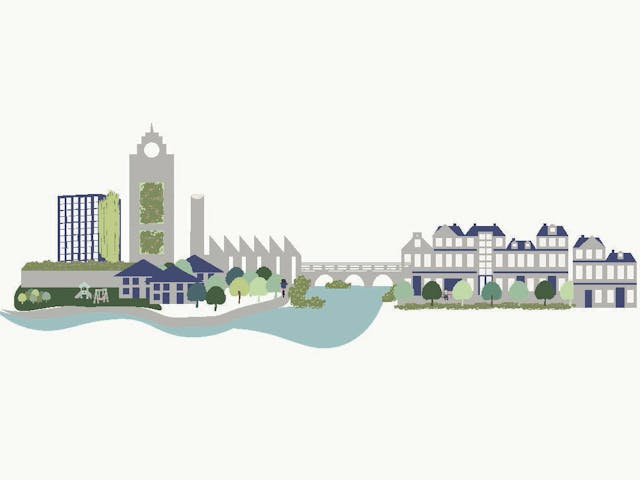 Graphic showing buildings, bridge and river