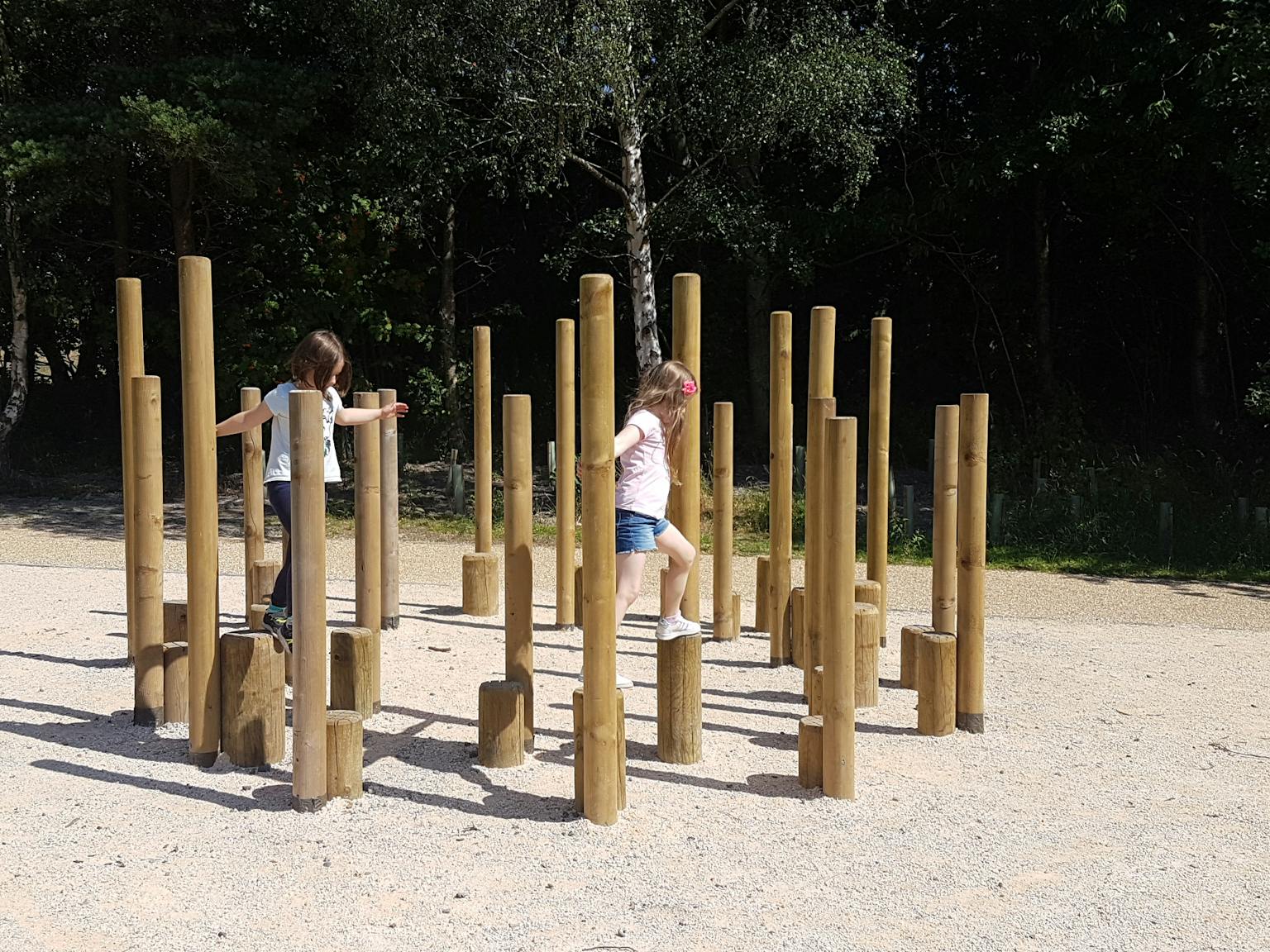 Children playing on a wooden structure