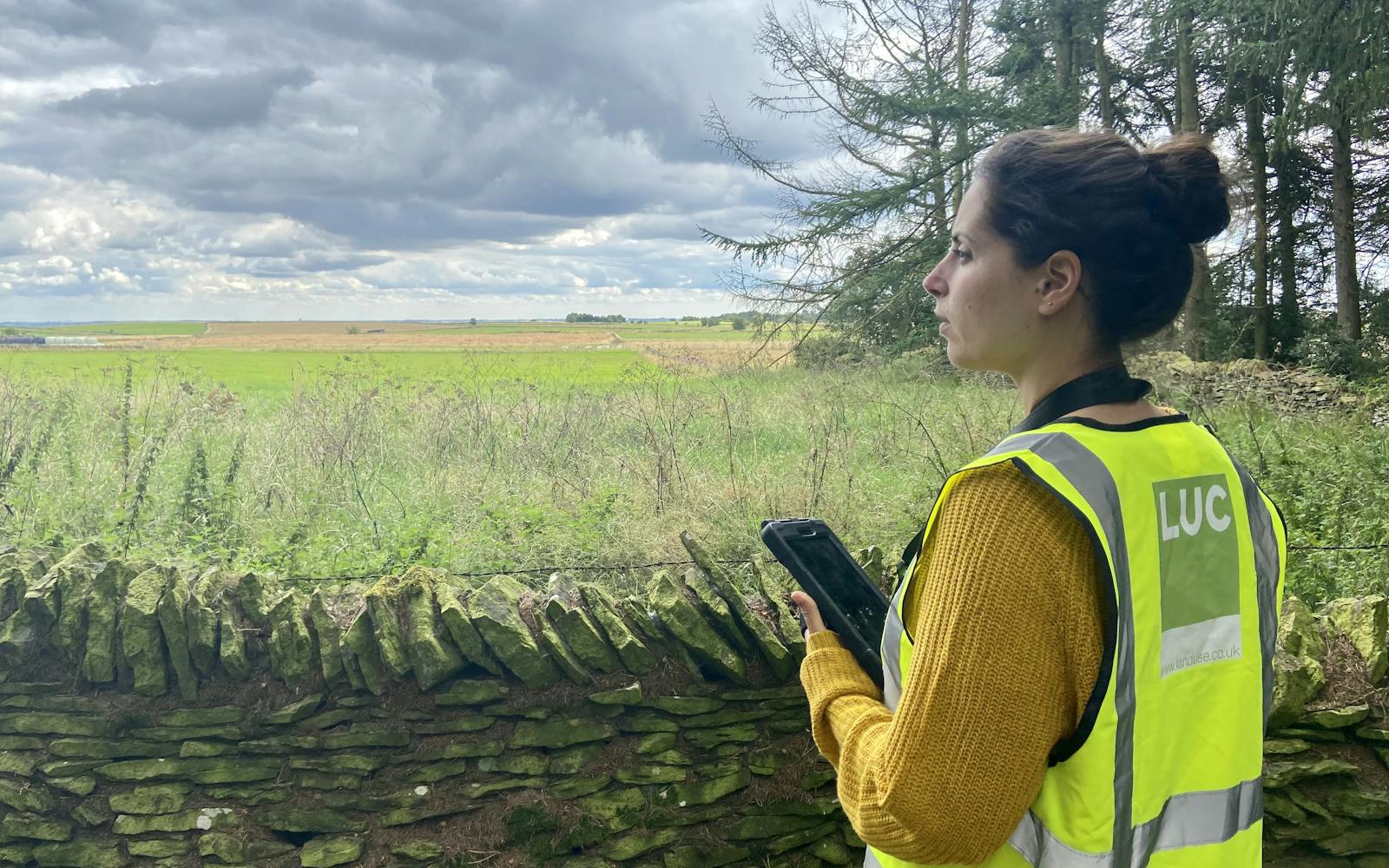 Person wearing high-vis jacket, holding tablet, and looking across and field
