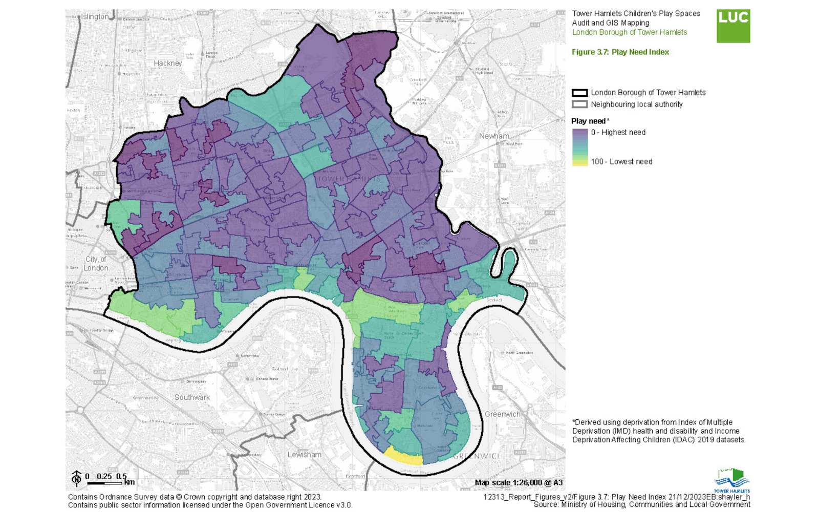 Map showing Play Need in the London Borough of Tower Hamlets