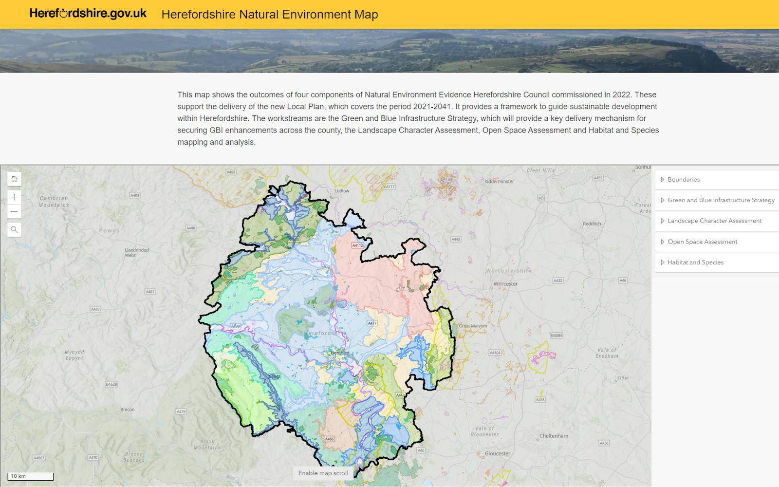 Website for the Herefordshire Natural Environment Map: Online platform providing information on landscape study to support the Local Plan.