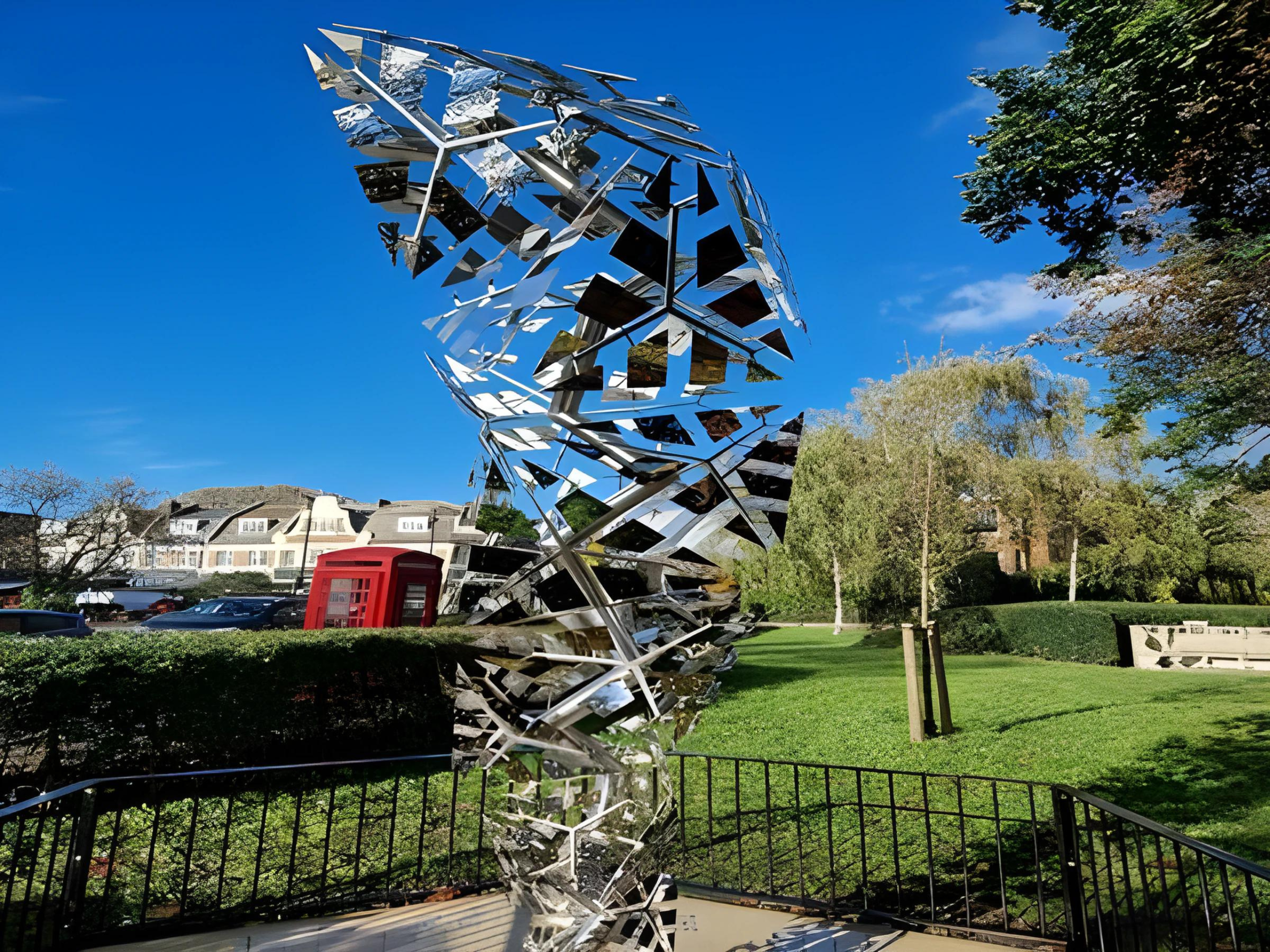 a sculpture outside with grass and trees