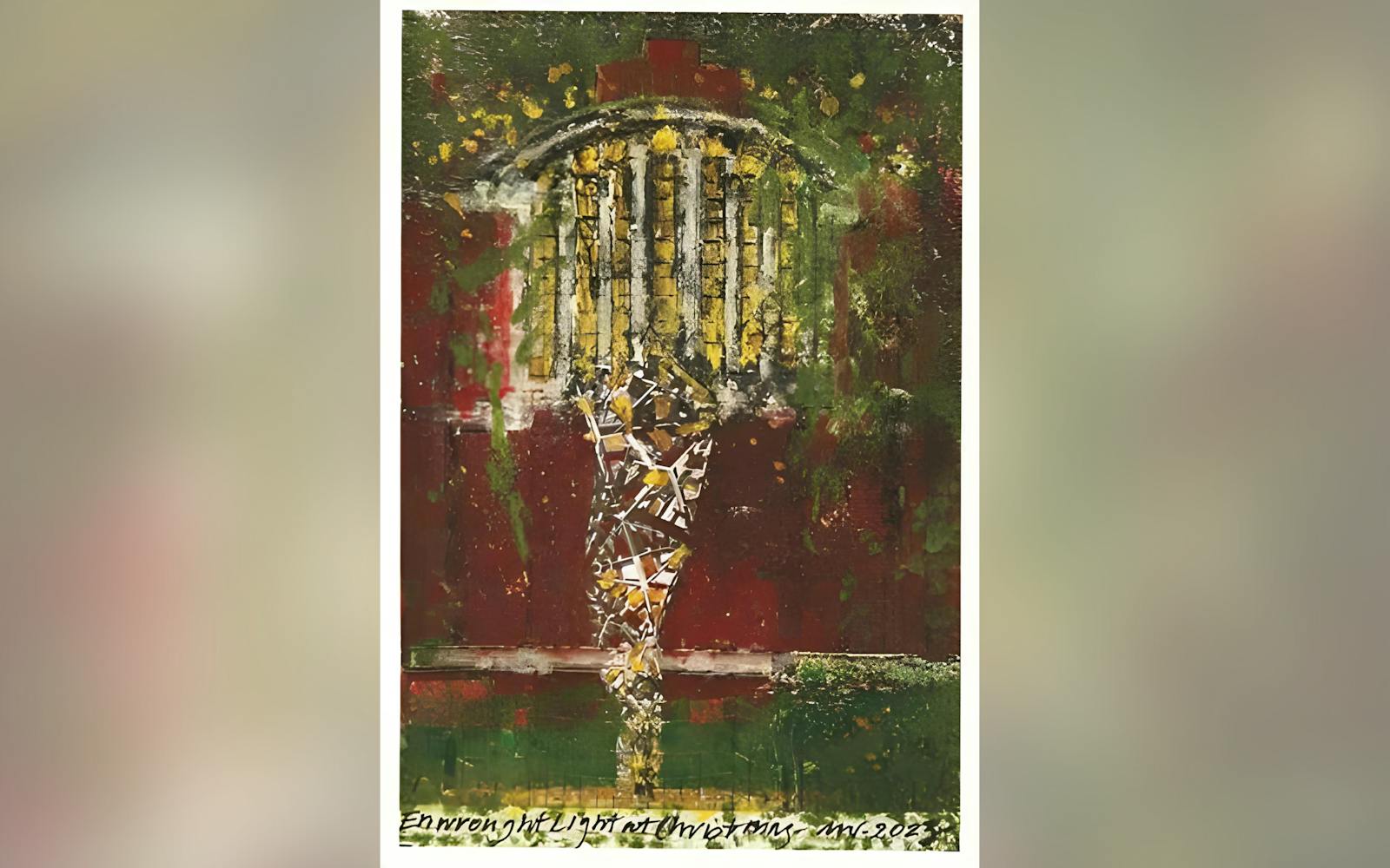 a sculpture outside with grass and trees