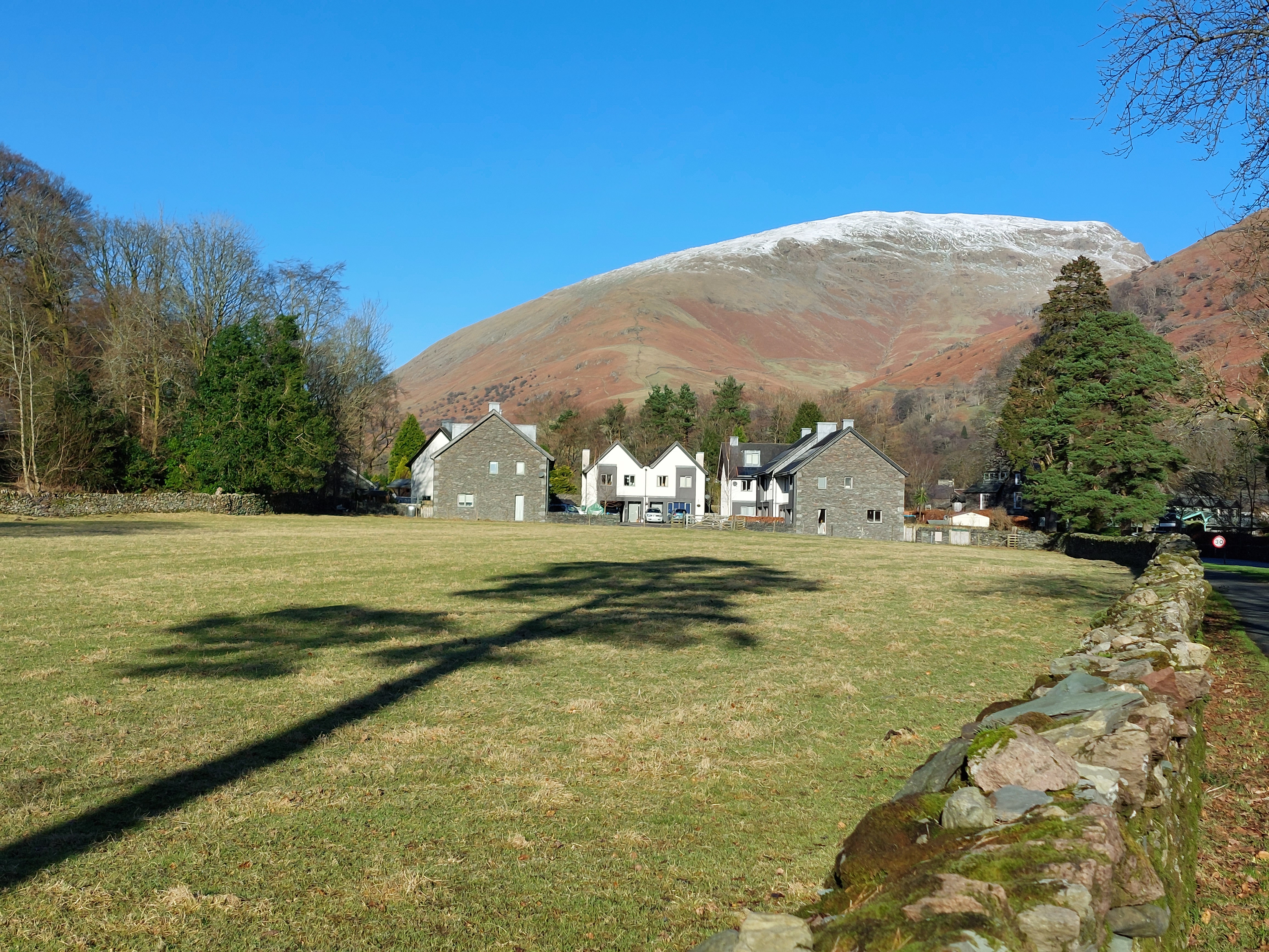 Green field with house and mountain in distance 