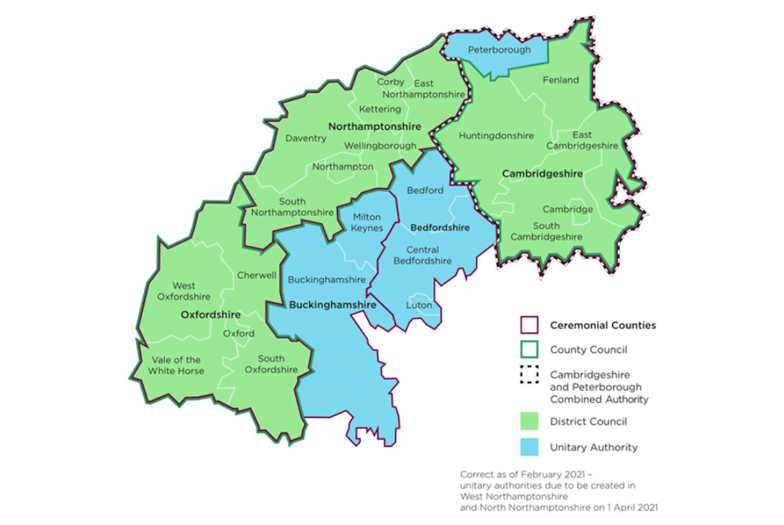 Area covered by the Ox-Cam Spatial Framework (MHCLG 2021)