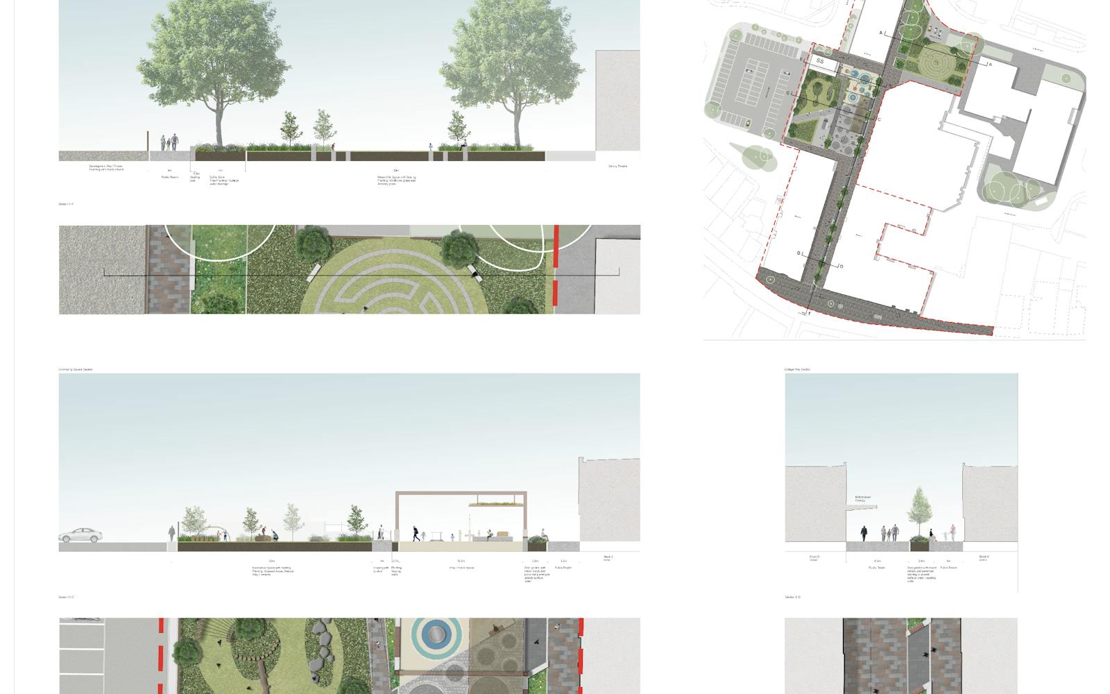 Design plans for the Artizan Centre redevelopment in Dumbarton, showcasing detailed landscape sections and layouts. Features include play spaces, tree-lined streets, raingardens, seating areas, and a public square with paving and planting. The designs aim to enhance accessibility, biodiversity, and community engagement as part of the Phase 1 public realm improvements.