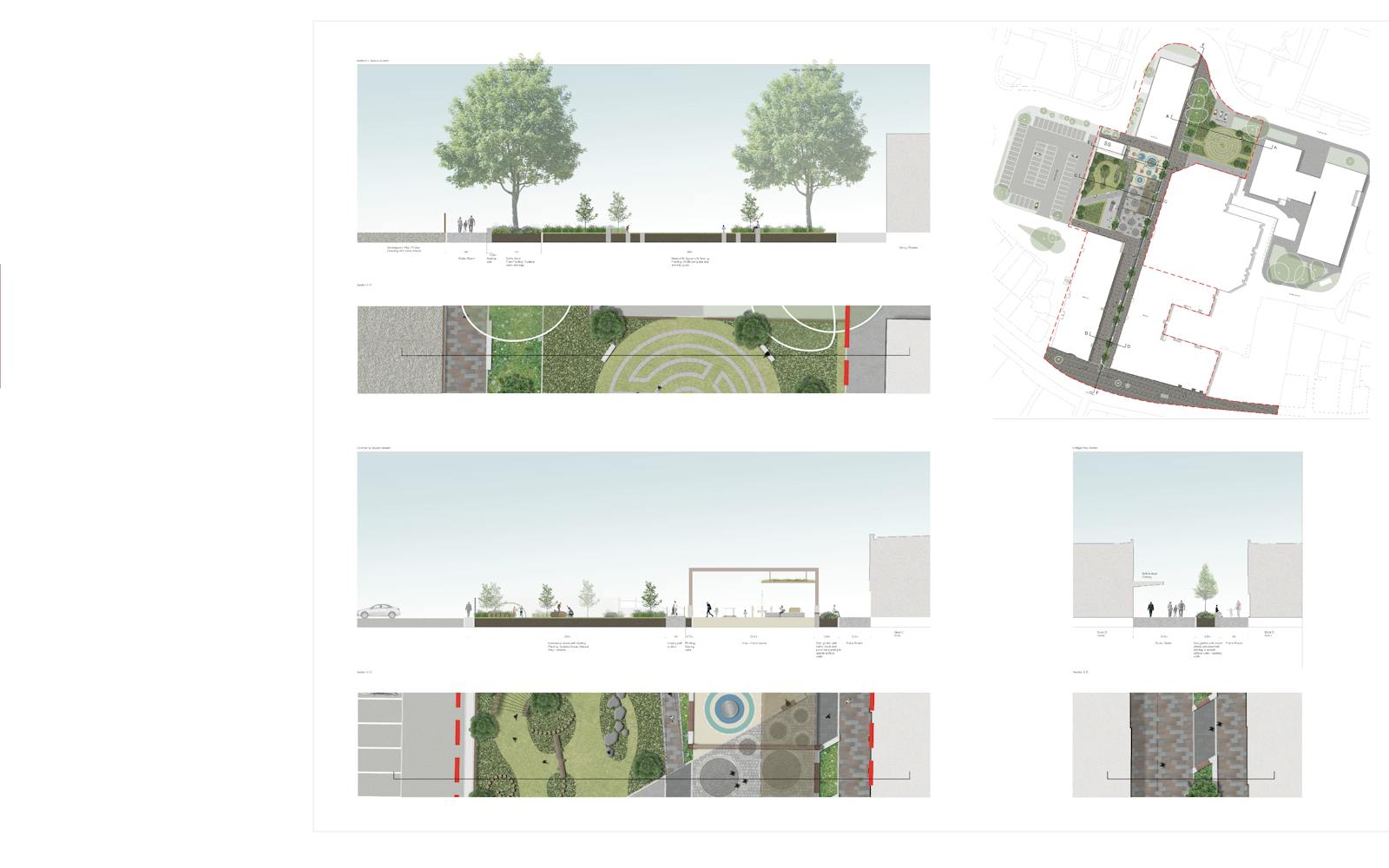 Design plans for the Artizan Centre redevelopment in Dumbarton, showcasing detailed landscape sections and layouts. Features include play spaces, tree-lined streets, raingardens, seating areas, and a public square with paving and planting. The designs aim to enhance accessibility, biodiversity, and community engagement as part of the Phase 1 public realm improvements.