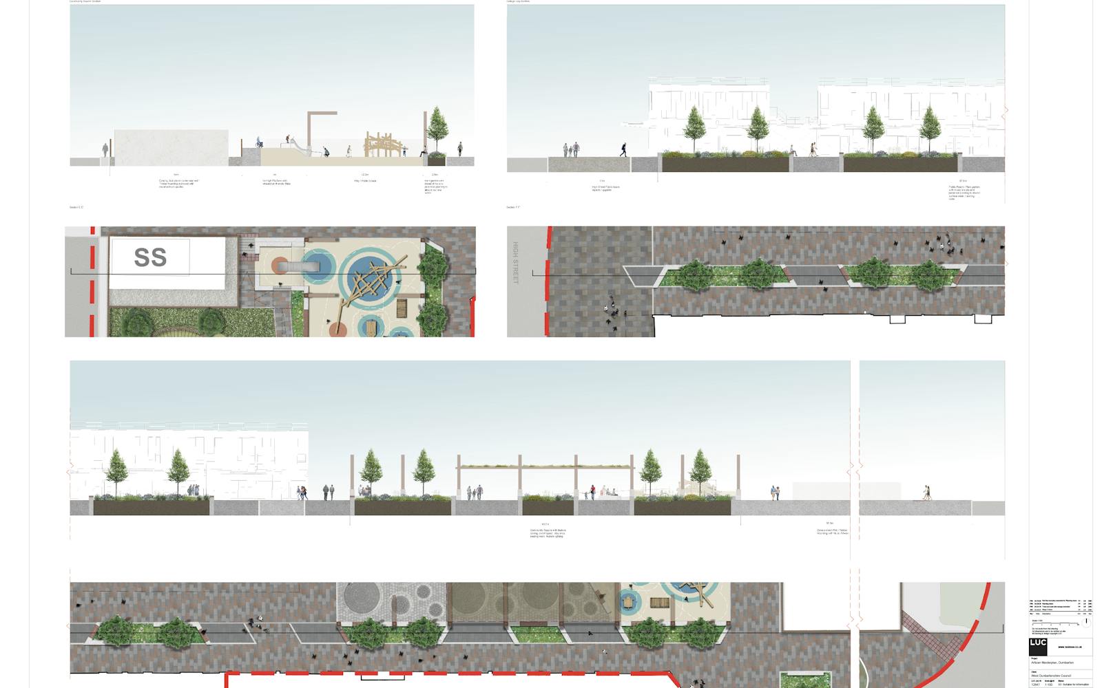 Design plans for the Artizan Centre redevelopment in Dumbarton, showcasing detailed landscape sections and layouts. Features include play spaces, tree-lined streets, raingardens, seating areas, and a public square with paving and planting. The designs aim to enhance accessibility, biodiversity, and community engagement as part of the Phase 1 public realm improvements.