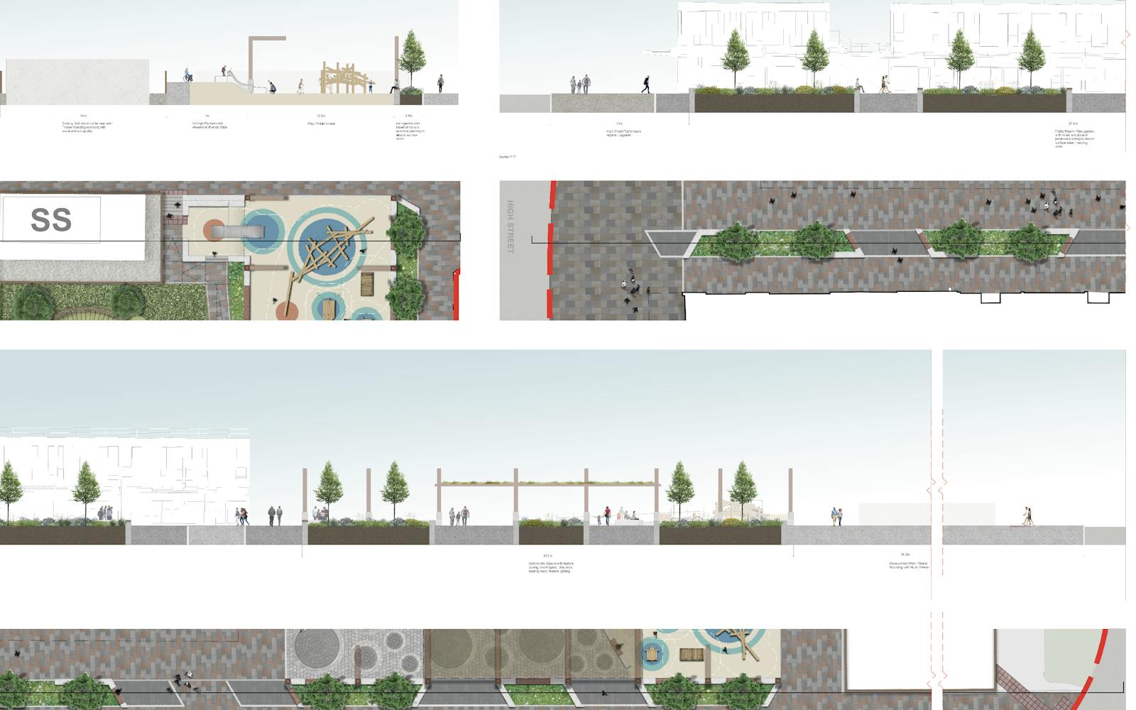 Design plans for the Artizan Centre redevelopment in Dumbarton, showcasing detailed landscape sections and layouts. Features include play spaces, tree-lined streets, raingardens, seating areas, and a public square with paving and planting. The designs aim to enhance accessibility, biodiversity, and community engagement as part of the Phase 1 public realm improvements.