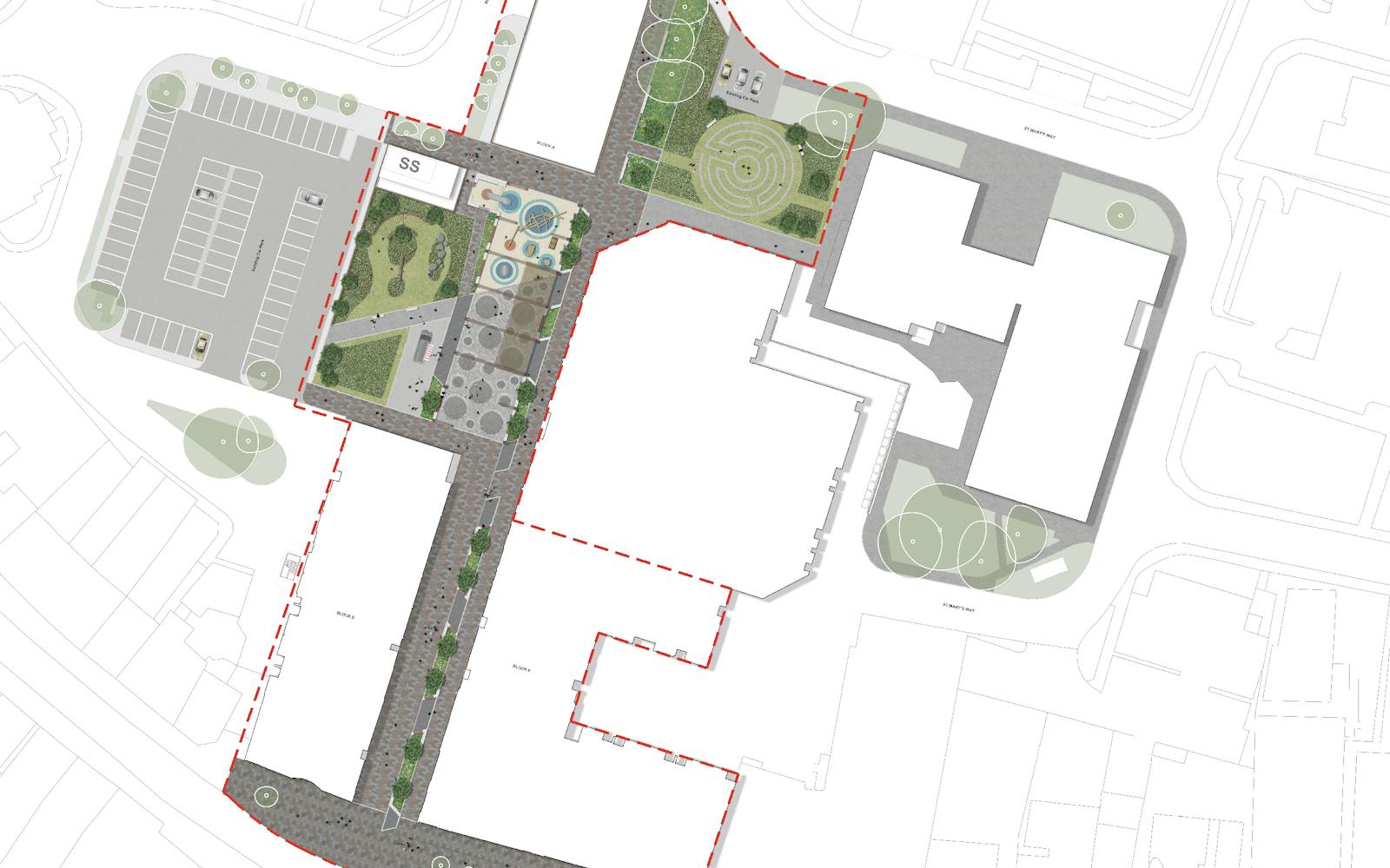 Design plans for the Artizan Centre redevelopment in Dumbarton, showcasing detailed landscape sections and layouts. Features include play spaces, tree-lined streets, raingardens, seating areas, and a public square with paving and planting. The designs aim to enhance accessibility, biodiversity, and community engagement as part of the Phase 1 public realm improvements.
