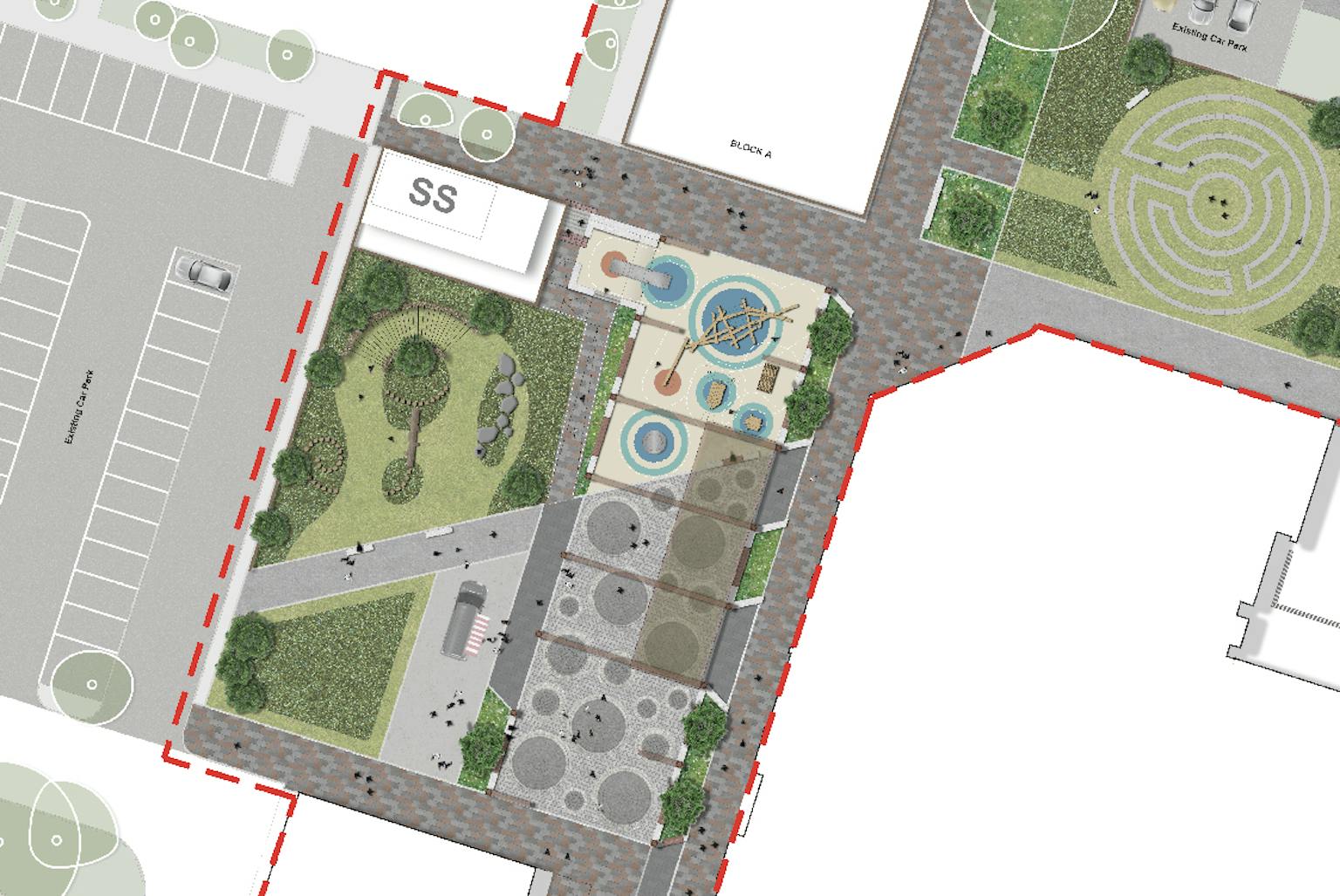 Design plans for the Artizan Centre redevelopment in Dumbarton, showcasing detailed landscape sections and layouts. Features include play spaces, tree-lined streets, raingardens, seating areas, and a public square with paving and planting. The designs aim to enhance accessibility, biodiversity, and community engagement as part of the Phase 1 public realm improvements.