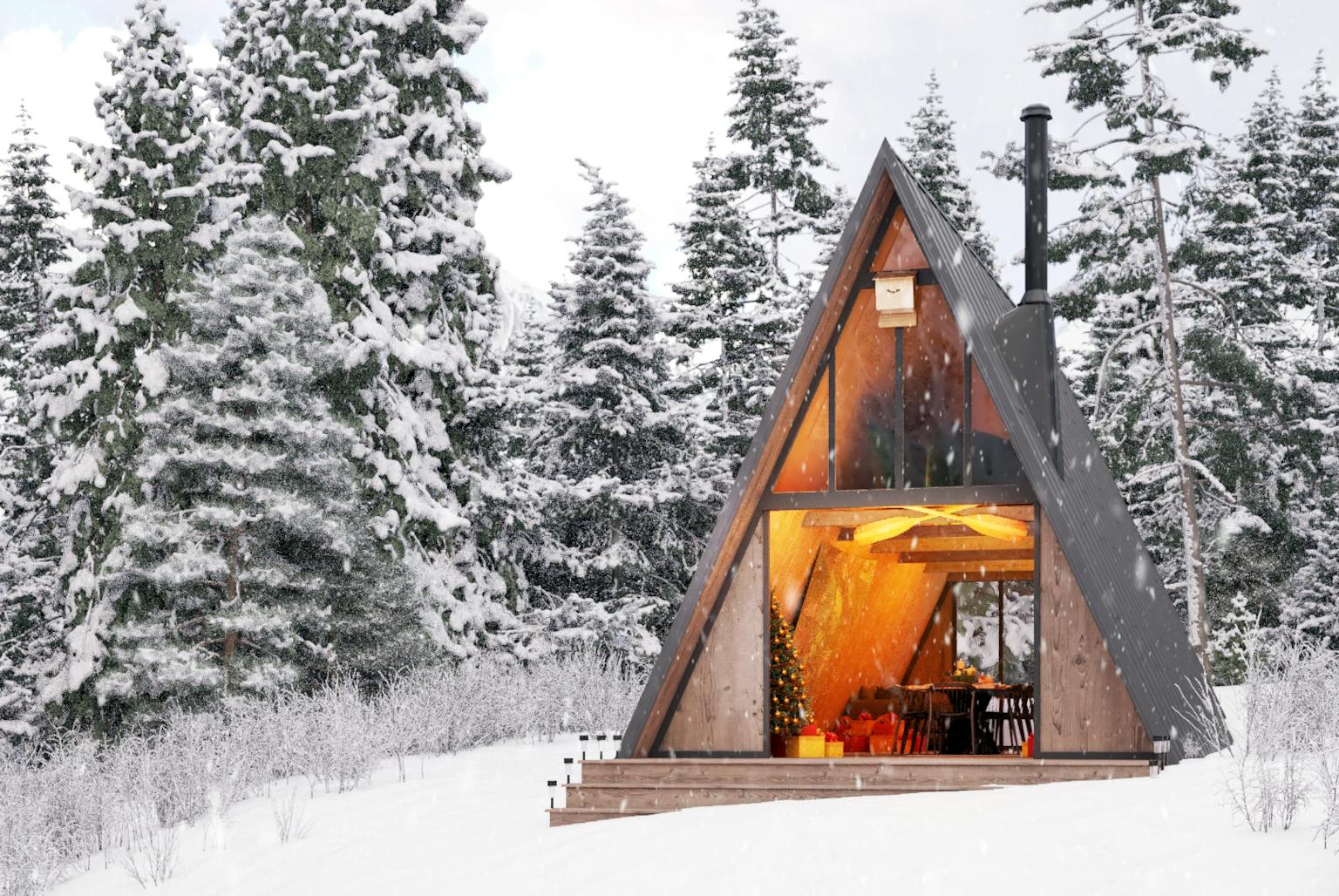 A triangular-shaped house with a wooden exterior, nestled among tall trees covered in snow. The interior is dimly lit with a Christmas tree visible.