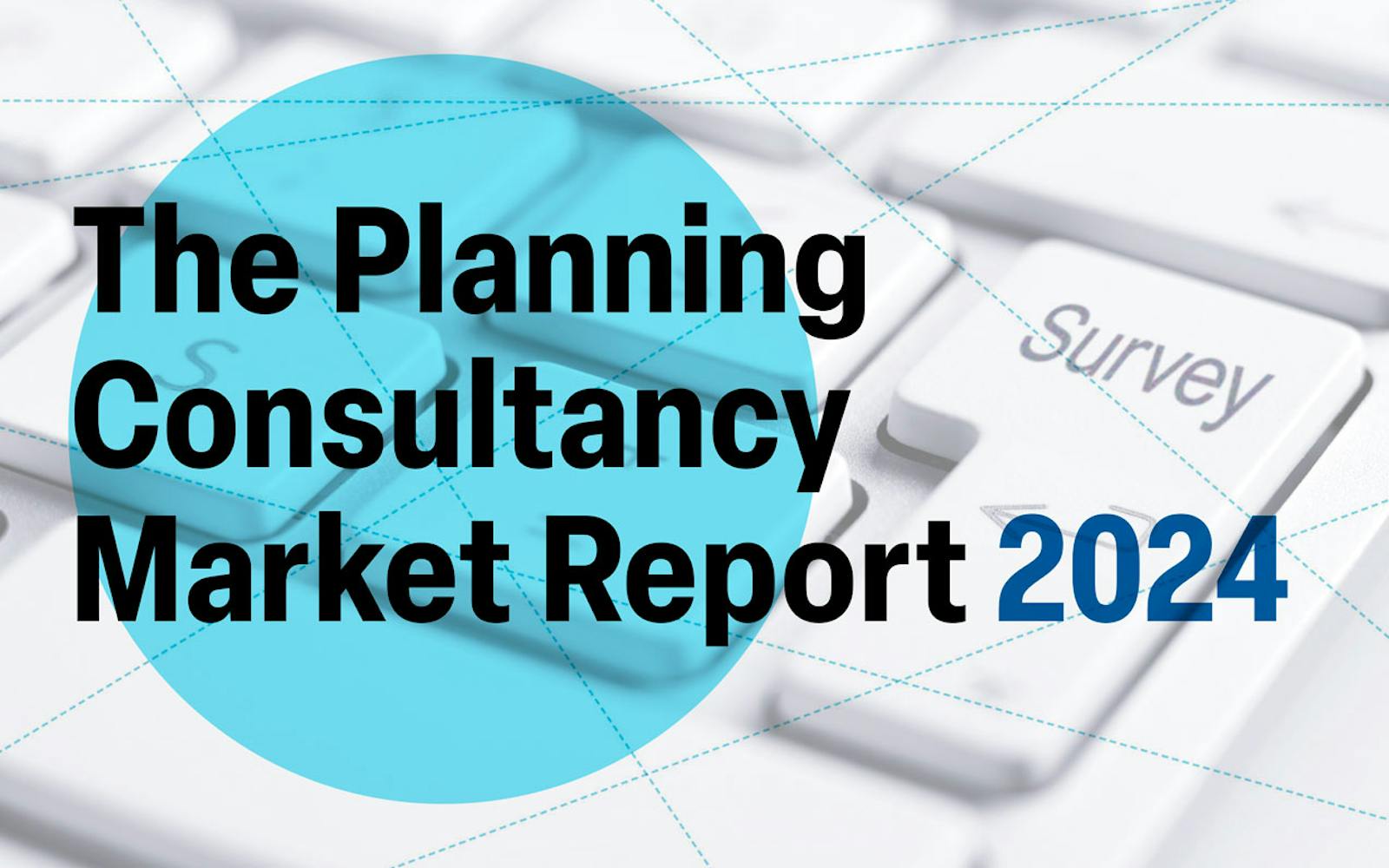 A computer keyboard with a large blue circle highlighting the text 'The Planning Consultancy Market Report 2024.'