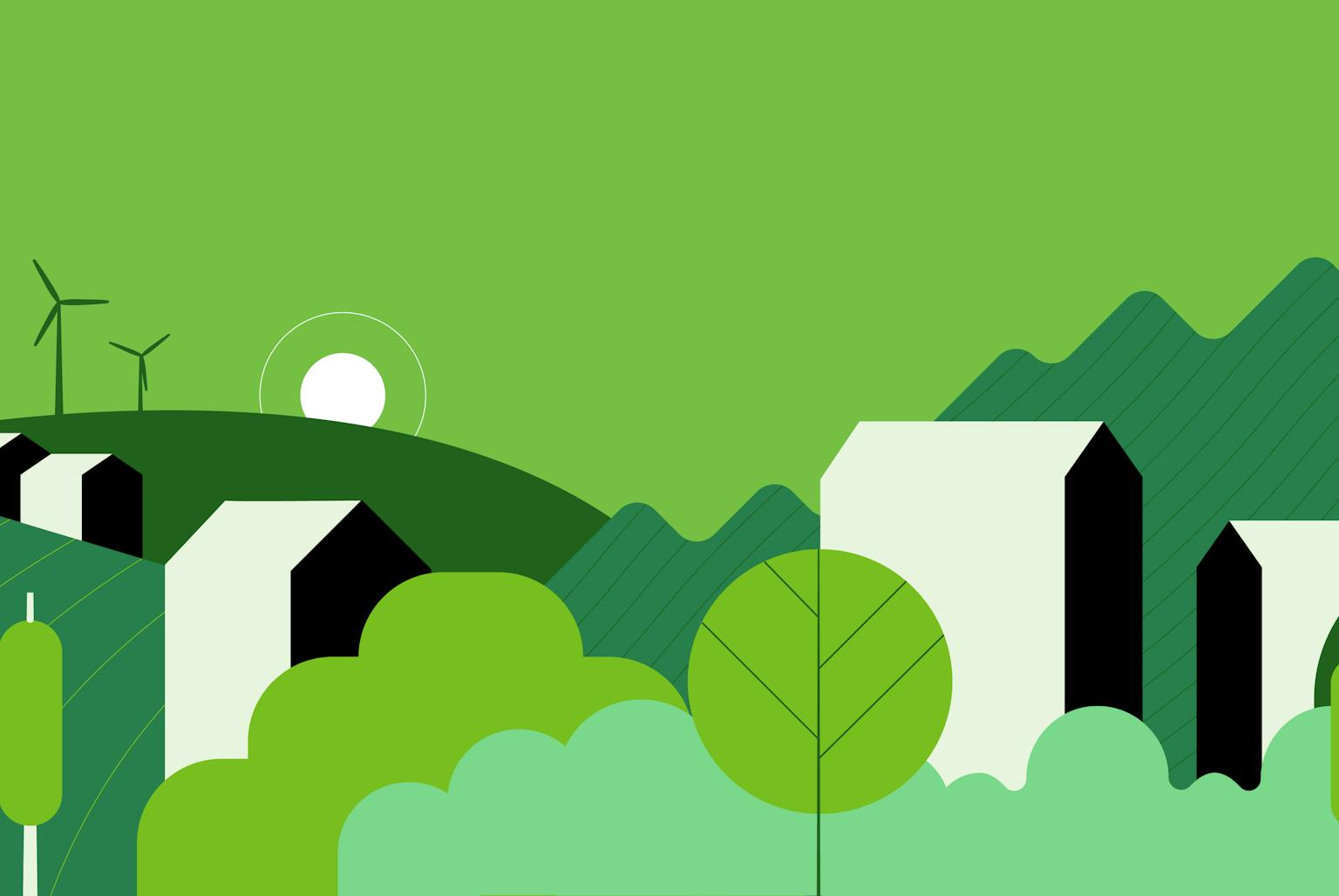A graphic showing a horizon with trees, buildings and wind turbines