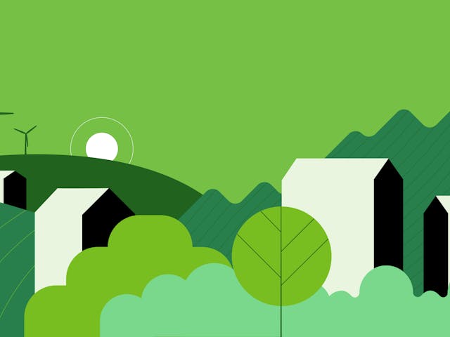 A graphic showing a horizon with trees, buildings and wind turbines