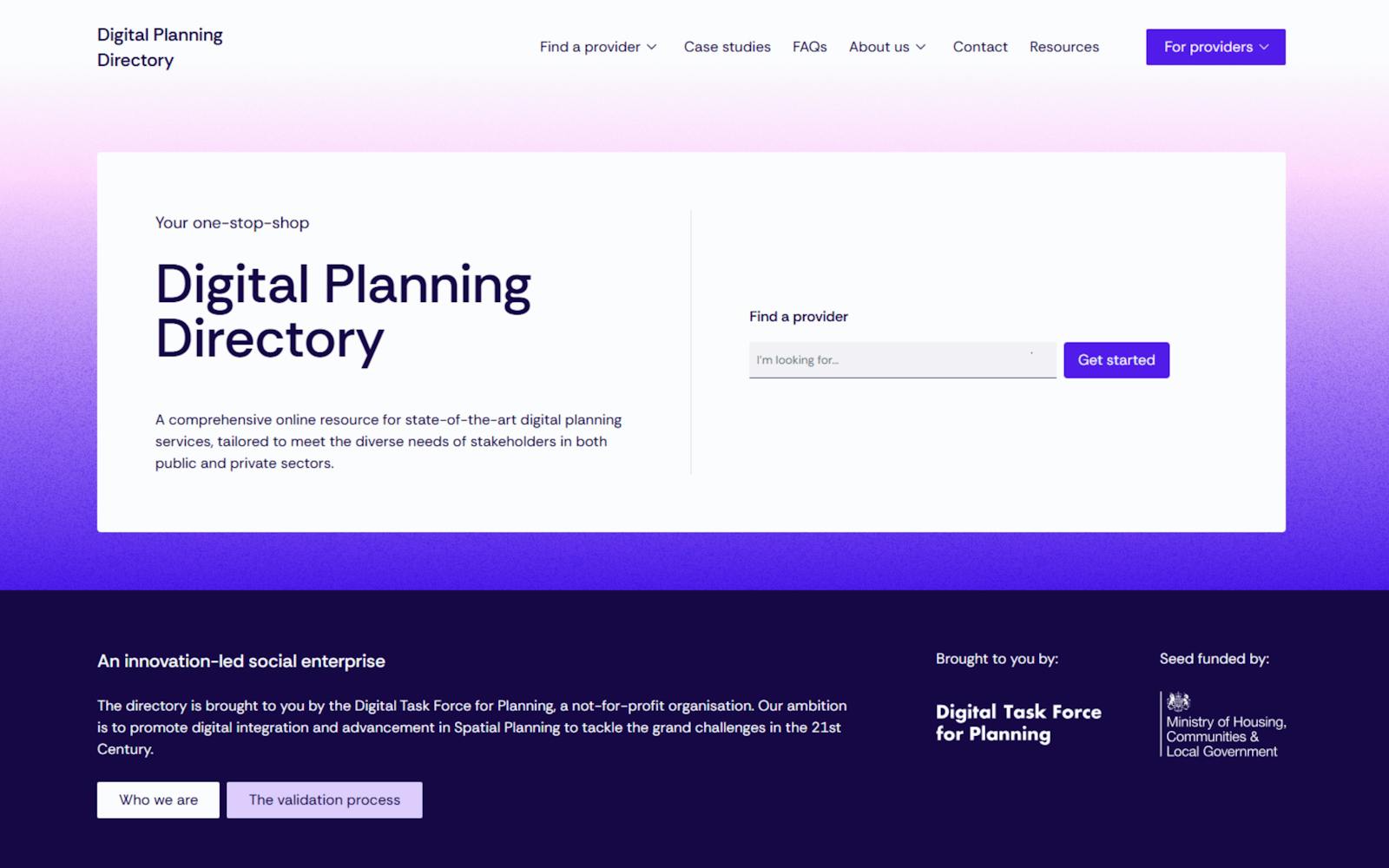 A screenshot of the homepage of the Digital Planning Directory. The page has a search bar to find providers of digital planning services, and information about the directory and its purpose.