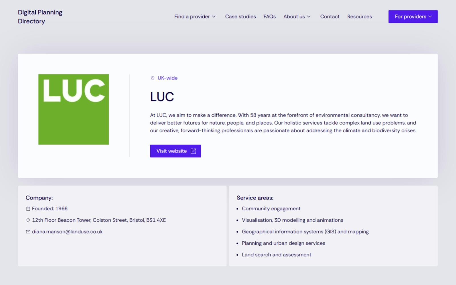 A screenshot of LUC's profile on the Digital Planning Directory. The profile includes their logo, company information, service areas, and a call to action to visit their website.
