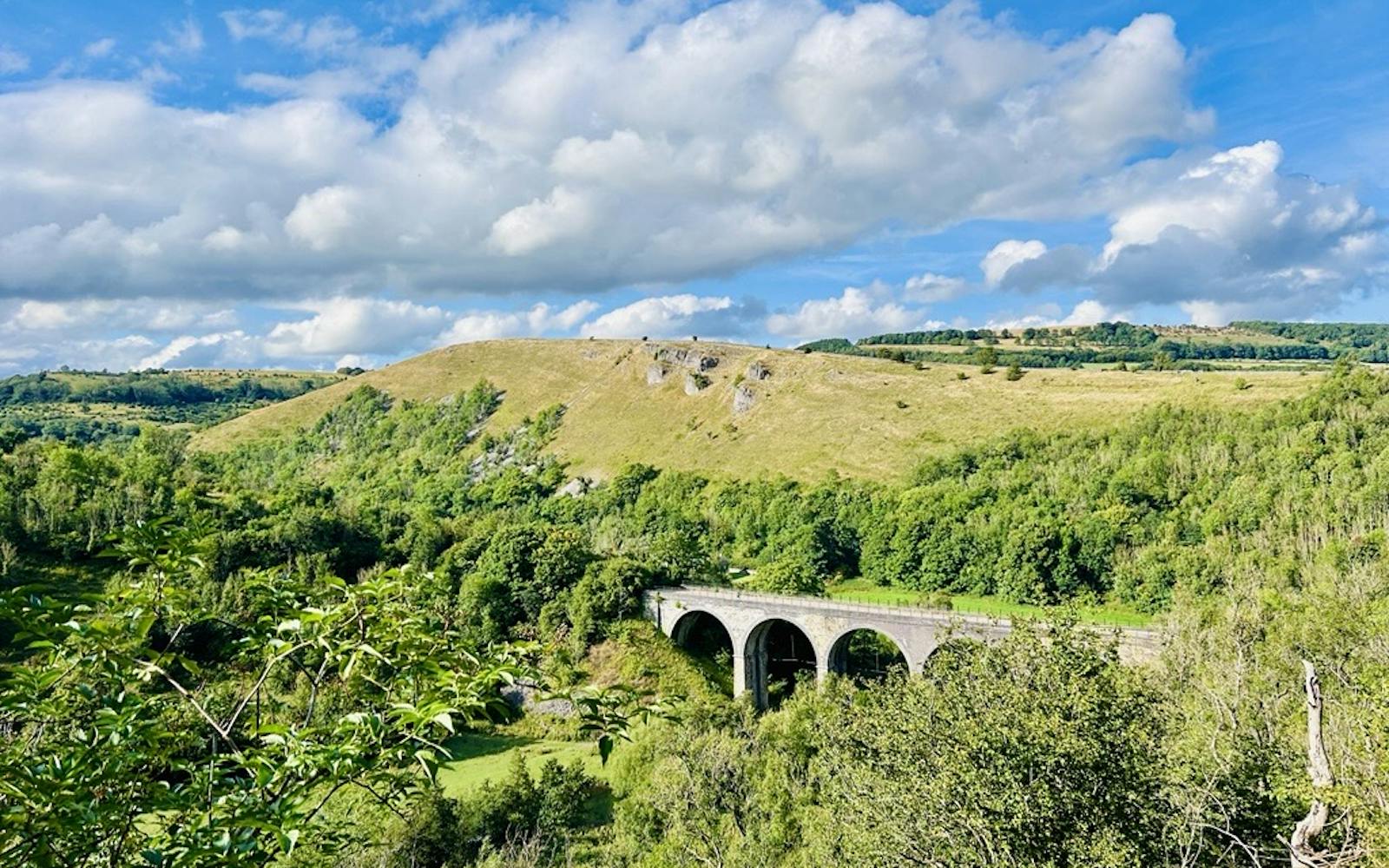A Derbyshire landscape with blue skies and trees and fields. There is a railway viaduct in the midst
