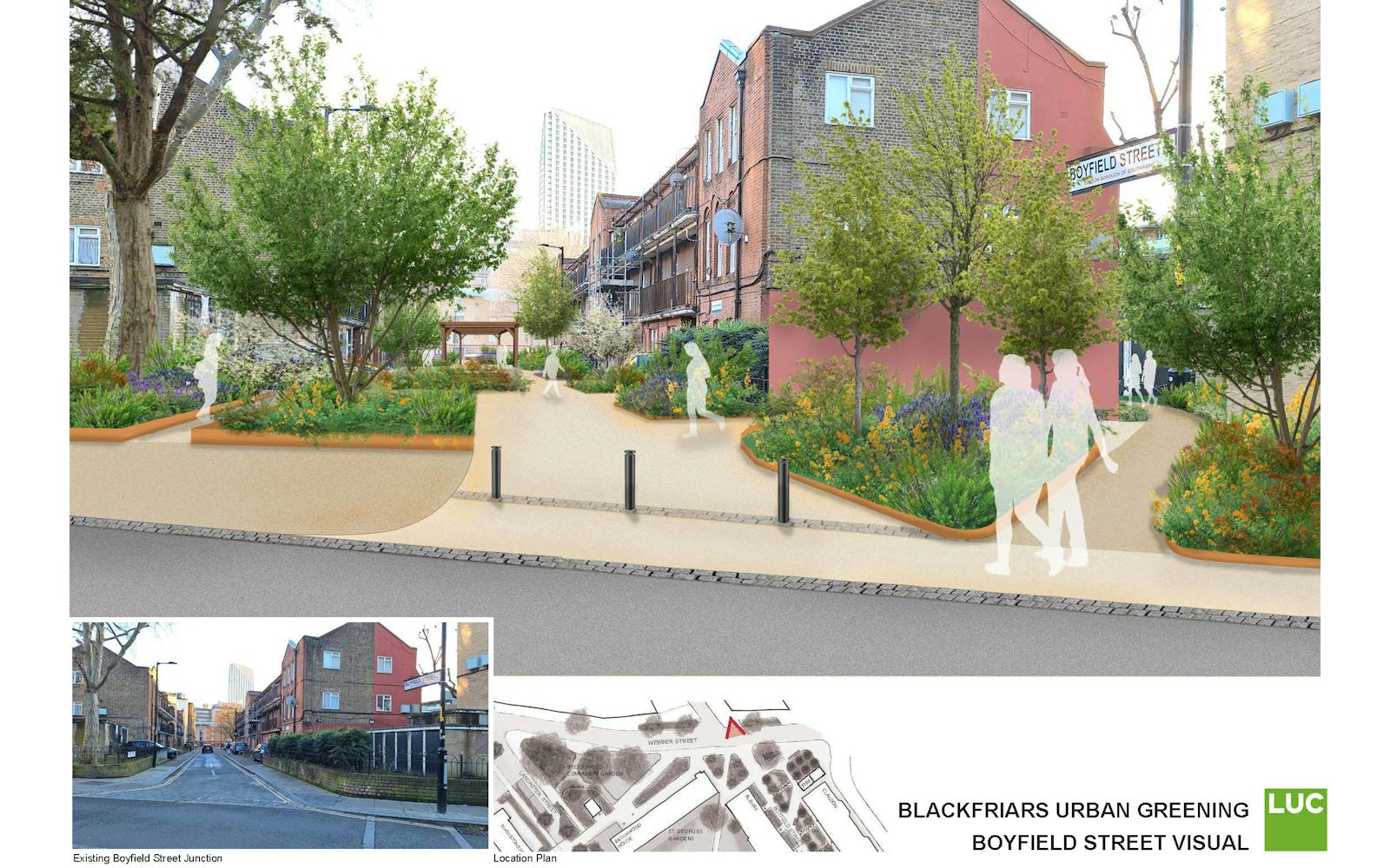 Architectural rendering of Boyfield Street showing proposed urban greening improvements, including trees, planting beds, and pedestrian walkway. Includes smaller inset images of the existing street and a location plan.
