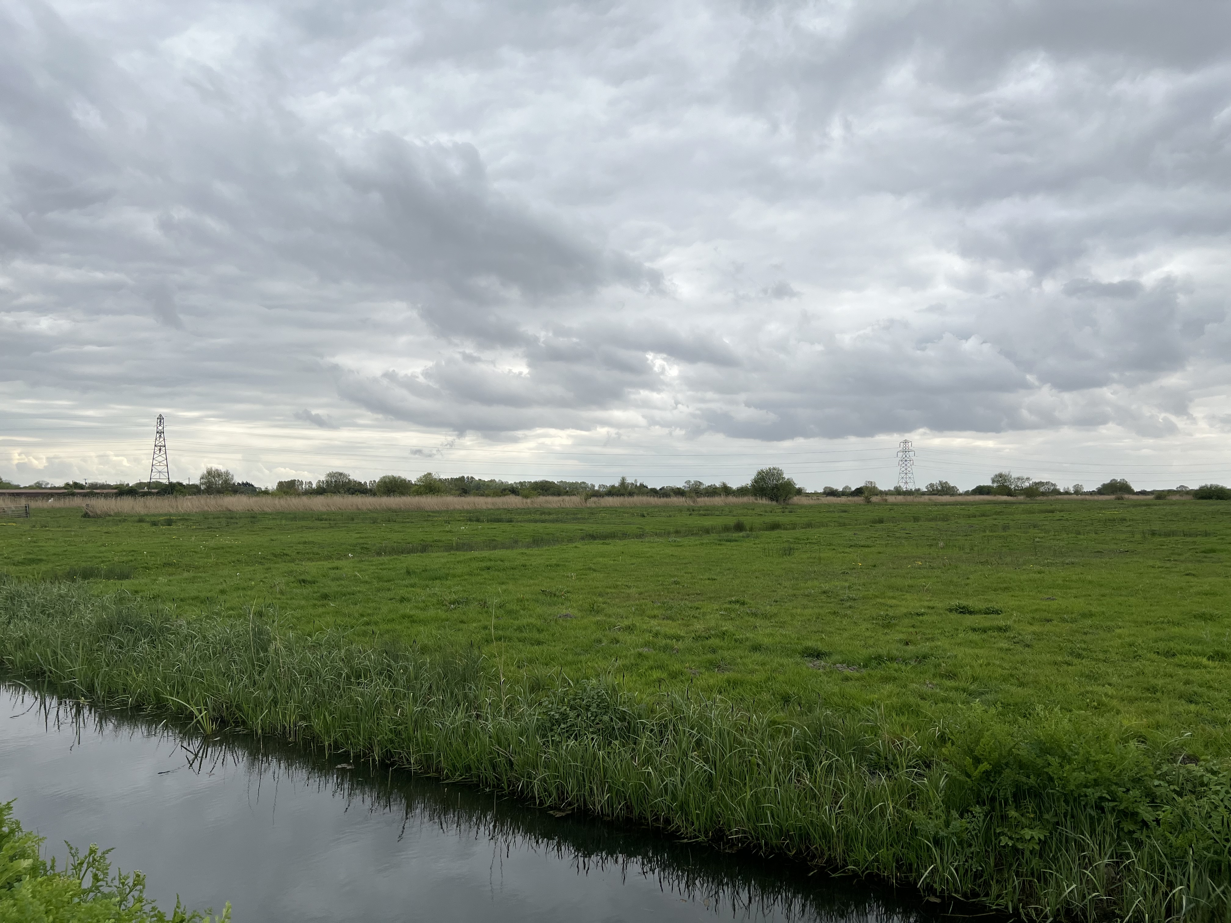 A wide, flat green field with a drainage ditch or stream in the foreground, leading to a line of trees and pylons on the horizon under a cloudy sky.