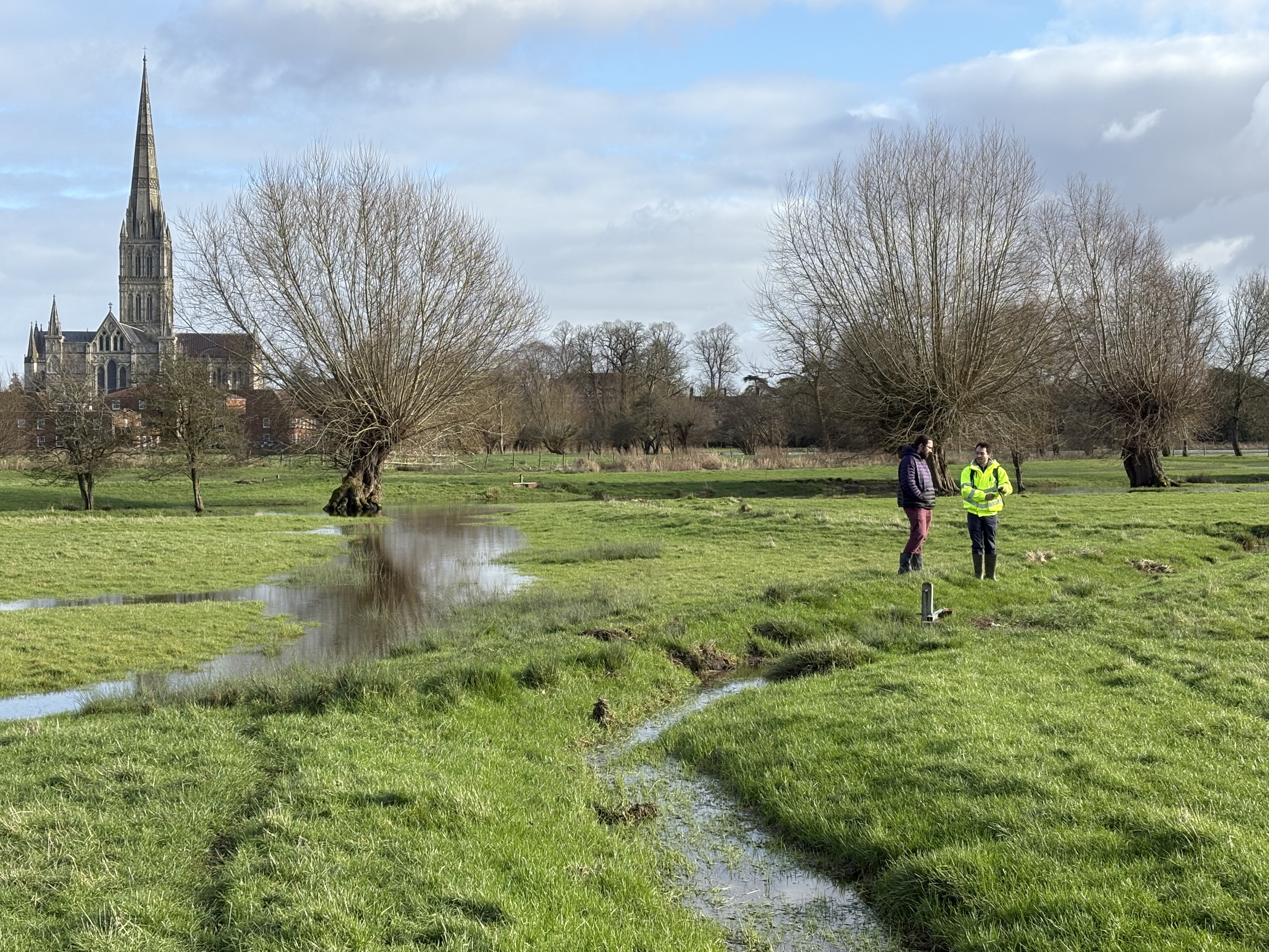Two people standing on water meadows with Salisbury Cathedral visible in the background. Small streams run through green fields with leafless pollarded willows scattered throughout the landscape.