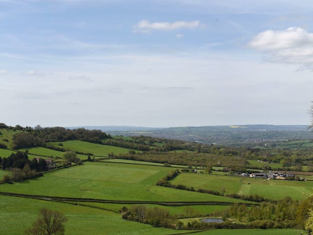 A scenic view of a green valley landscape with trees and hills.