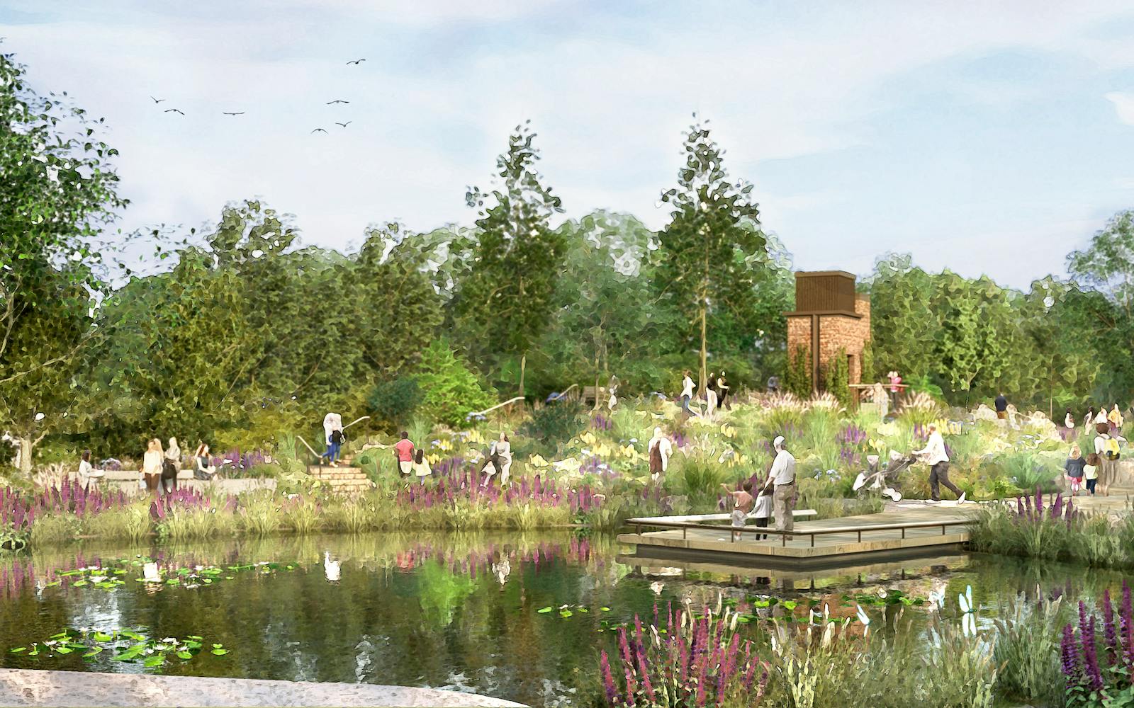 A digitally rendered visualization of a landscaped public garden featuring a pond with lily pads, a wooden platform extending over the water, and lush greenery with blooming purple and yellow flowers.