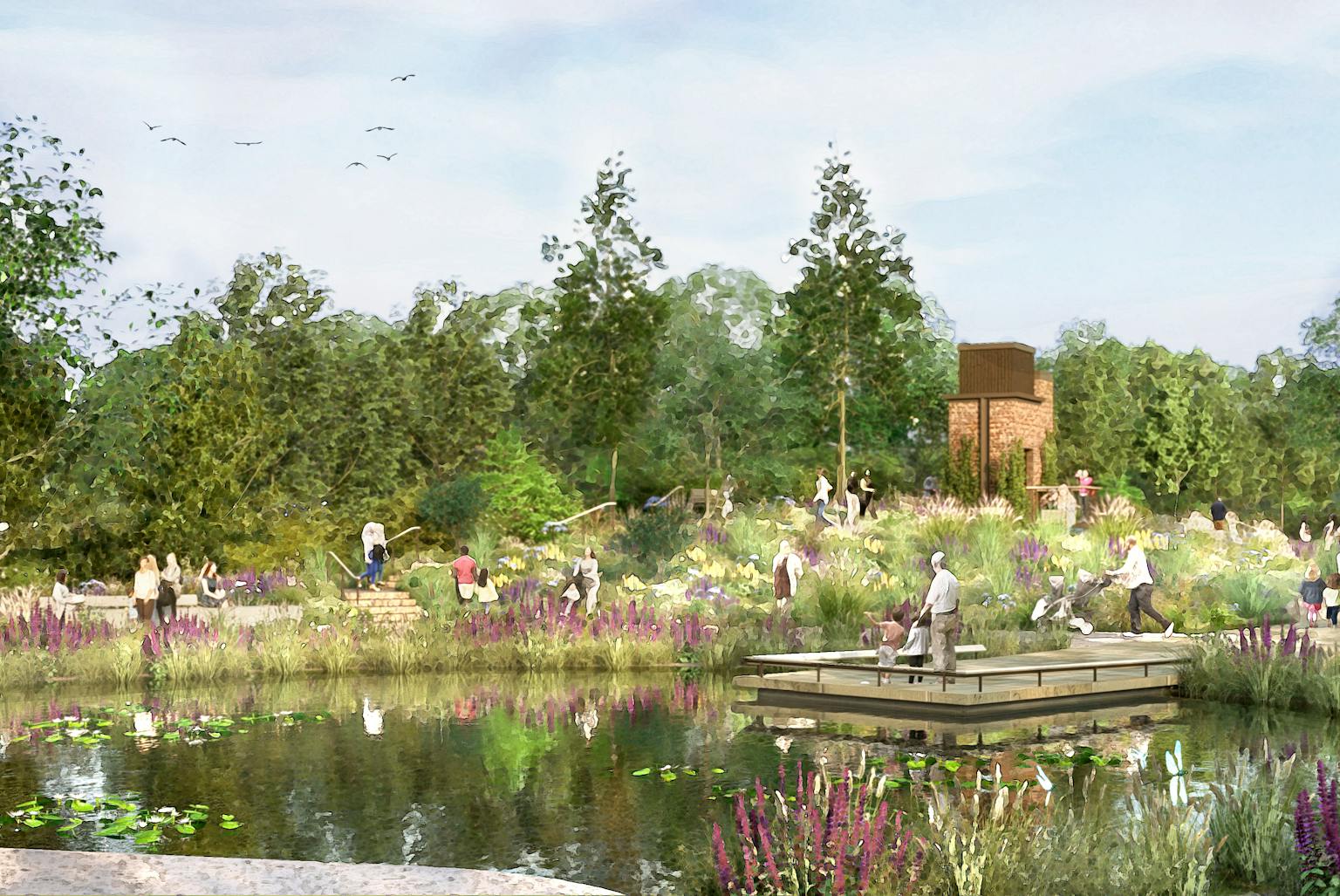 A digitally rendered visualization of a landscaped public garden featuring a pond with lily pads, a wooden platform extending over the water, and lush greenery with blooming purple and yellow flowers.