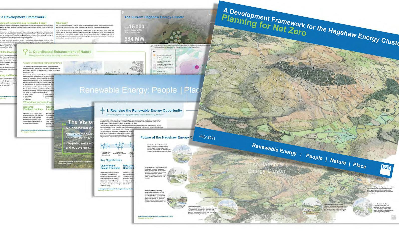 A set of overlapping pages from a document titled "A Development Framework for the Hagshaw Energy Cluster: Planning for Net Zero."