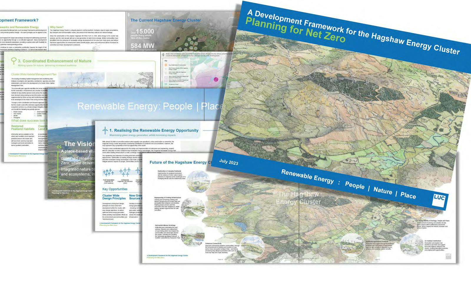 A set of overlapping pages from a document titled "A Development Framework for the Hagshaw Energy Cluster: Planning for Net Zero."