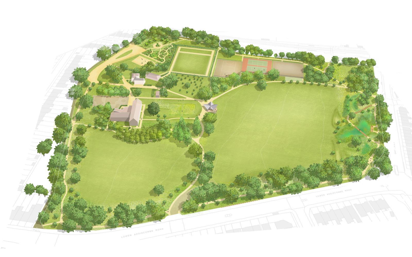 Illustrated masterplan of a public park