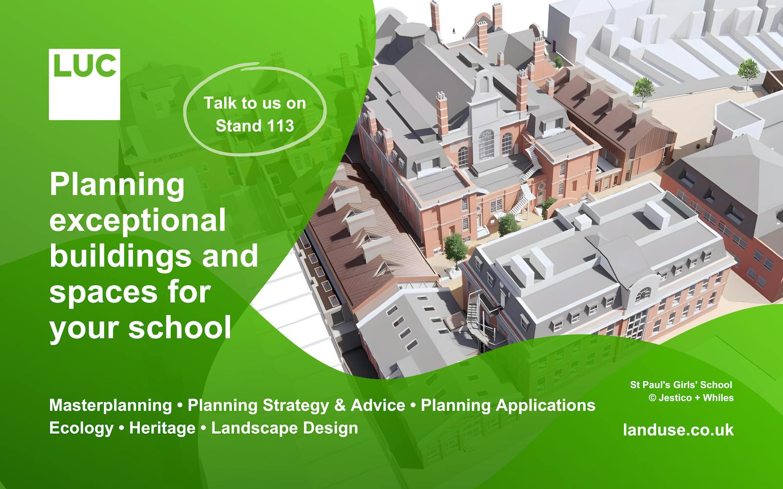 Architectural rendering of St Paul's Girls' School, accompanied by text promoting planning services for schools.