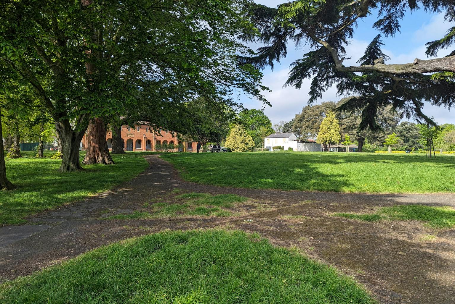 a house in a green park surrounded by trees