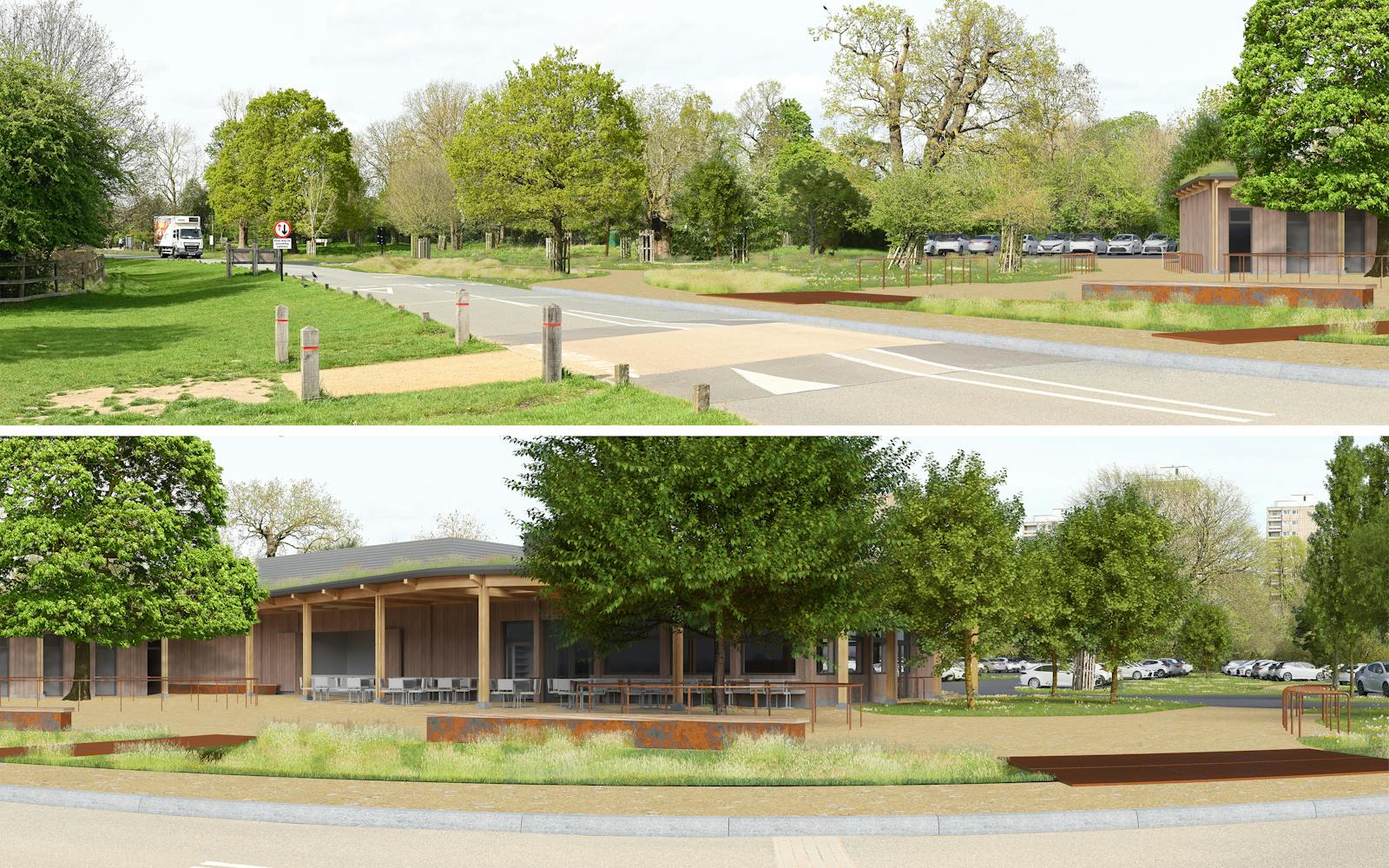 Two similar renderings show a modern, light-brown building with a covered walkway next to a road in a park-like setting. Trees and parked cars surround the building. The top image shows a view from across the road, while the bottom image is a closer view from a slightly different angle on the same side of the road as the building.