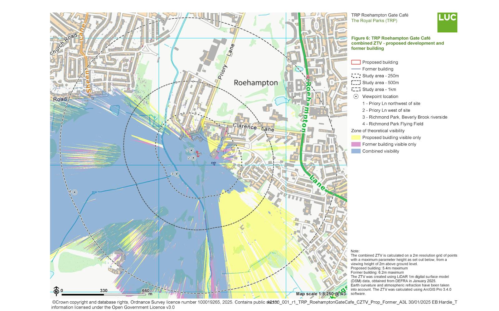 Map showing the visual impact of a proposed building (red outline) and a former building (dashed red outline) on the surrounding area. Different colored zones (yellow, blue, purple) indicate areas where the proposed building is visible, the former building was visible, or both. Concentric circles mark study areas at 250m, 500m, and 1km from the site. Viewpoint locations are marked with numbered circles. The map includes street names and surrounding buildings.