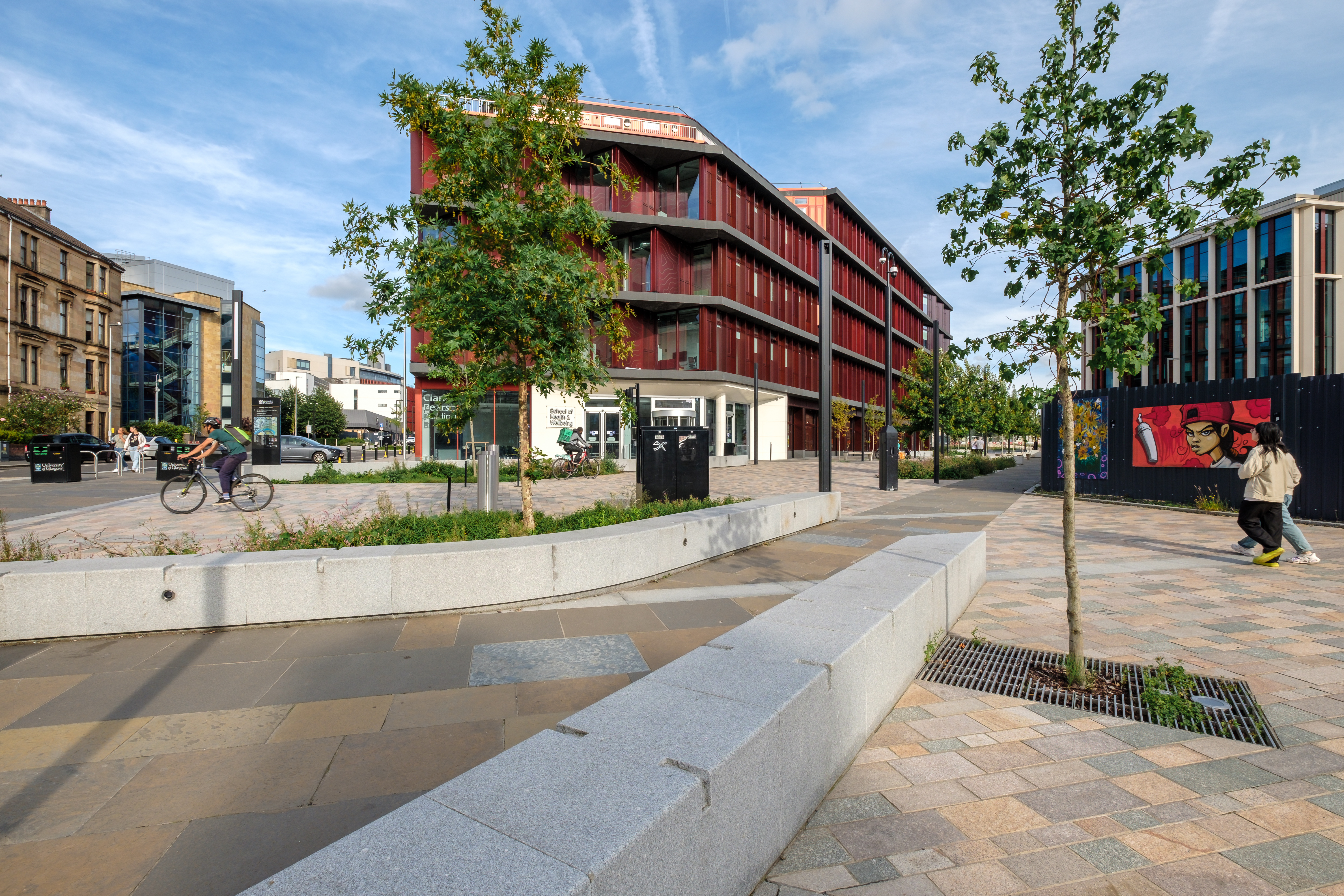 Planting and paths in front of university building