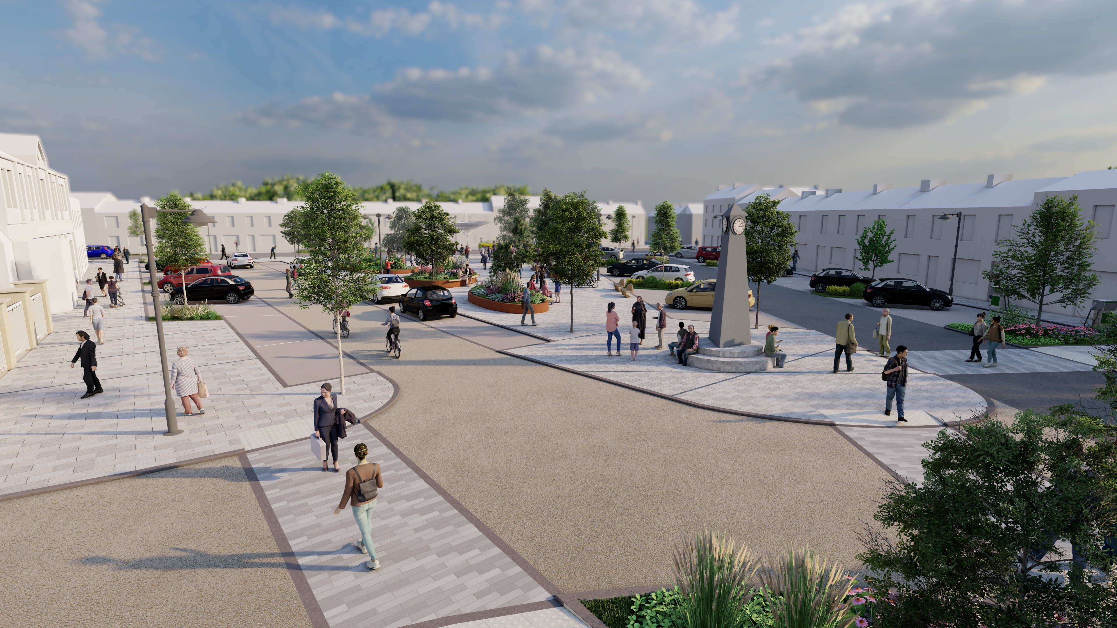 a group of people walking in a town