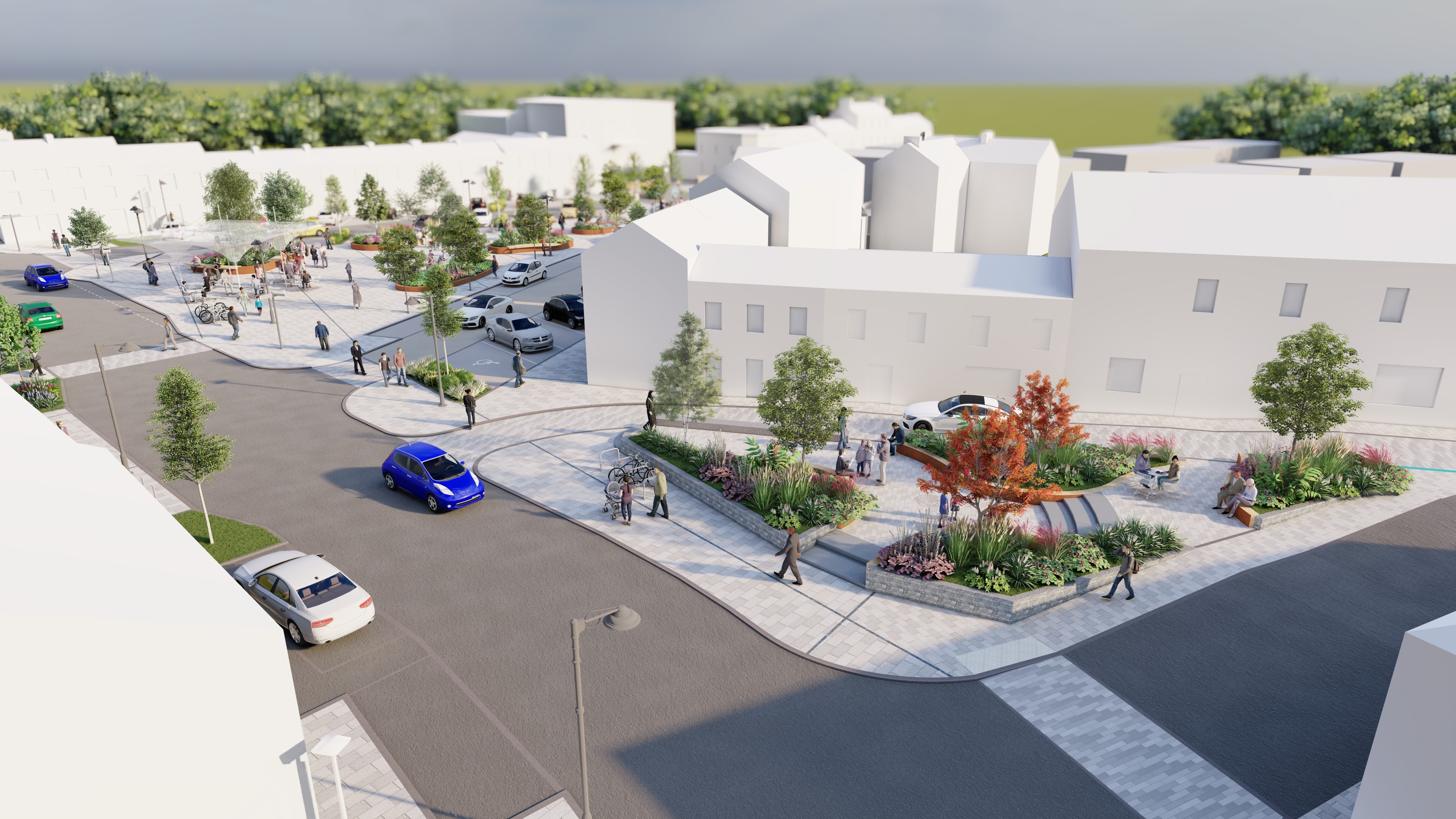 a group of people sitting on benches and a courtyard with trees and buildings