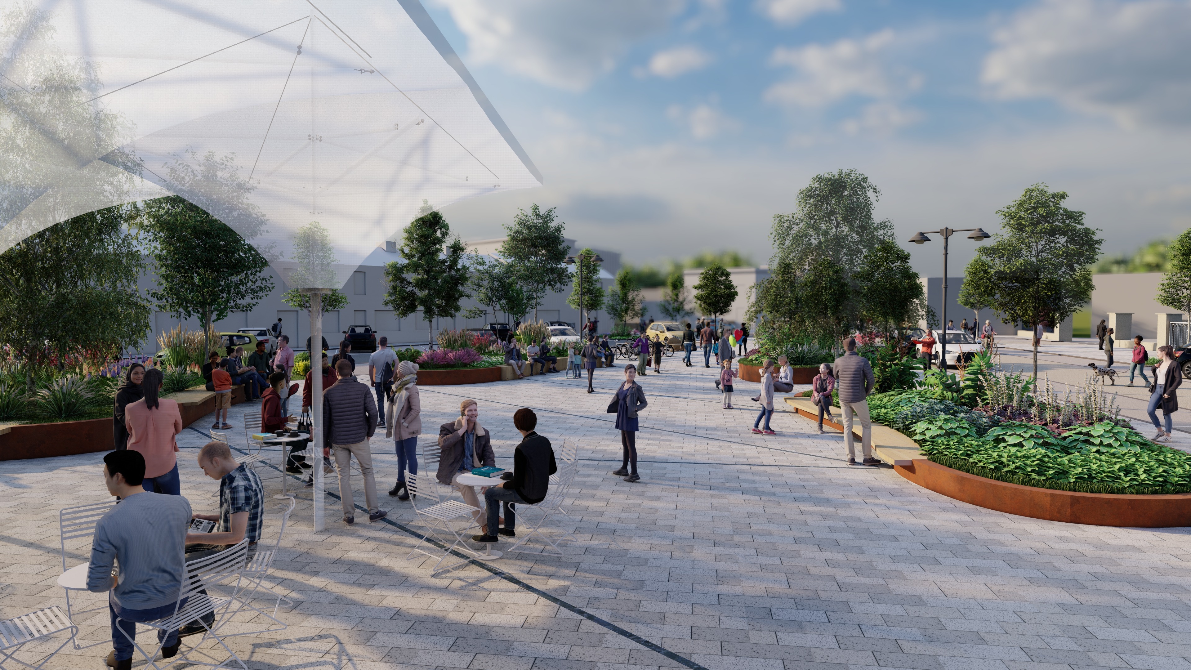 a group of people walking on a brick path