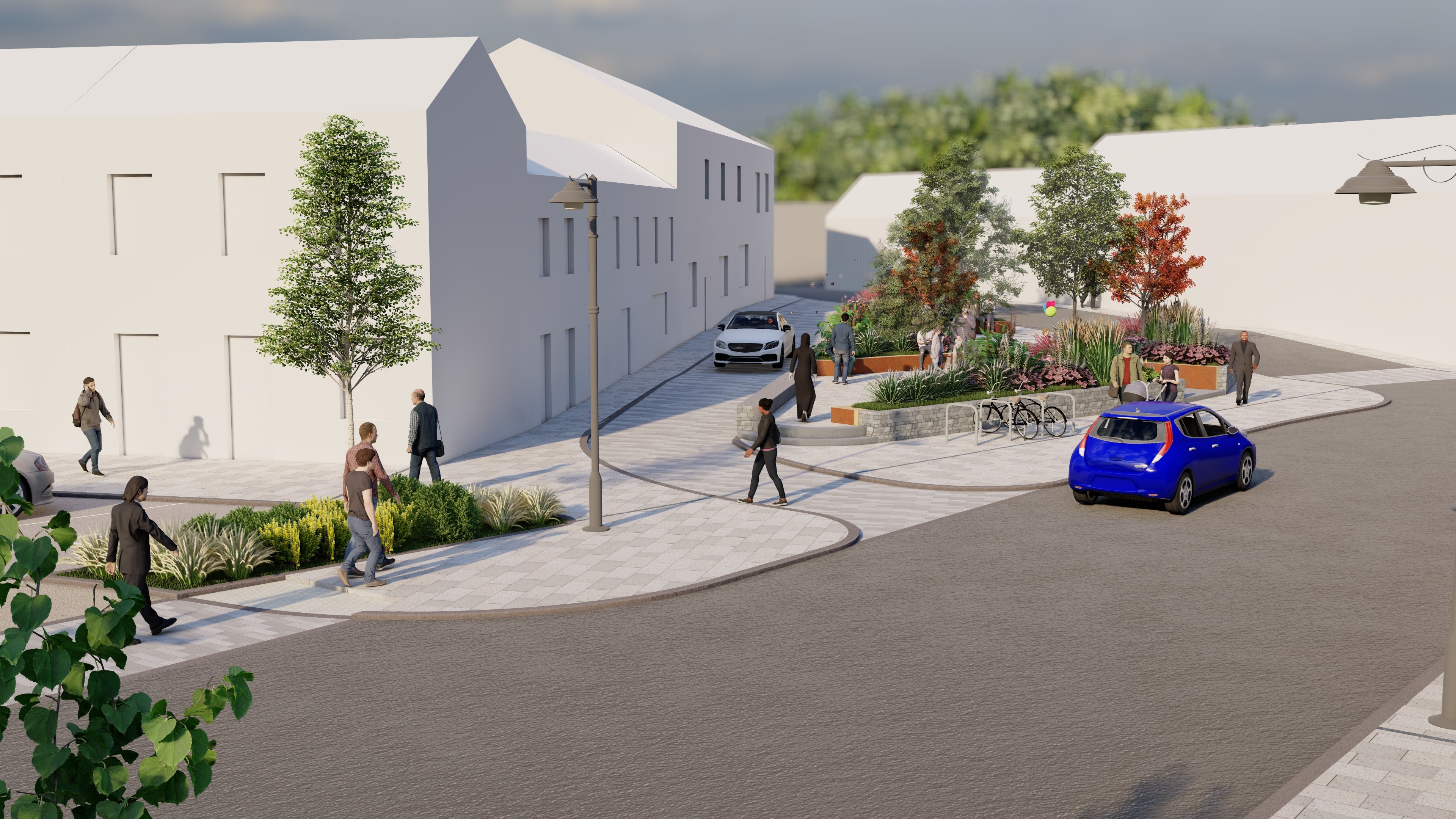 a street with cars and people walking on it
