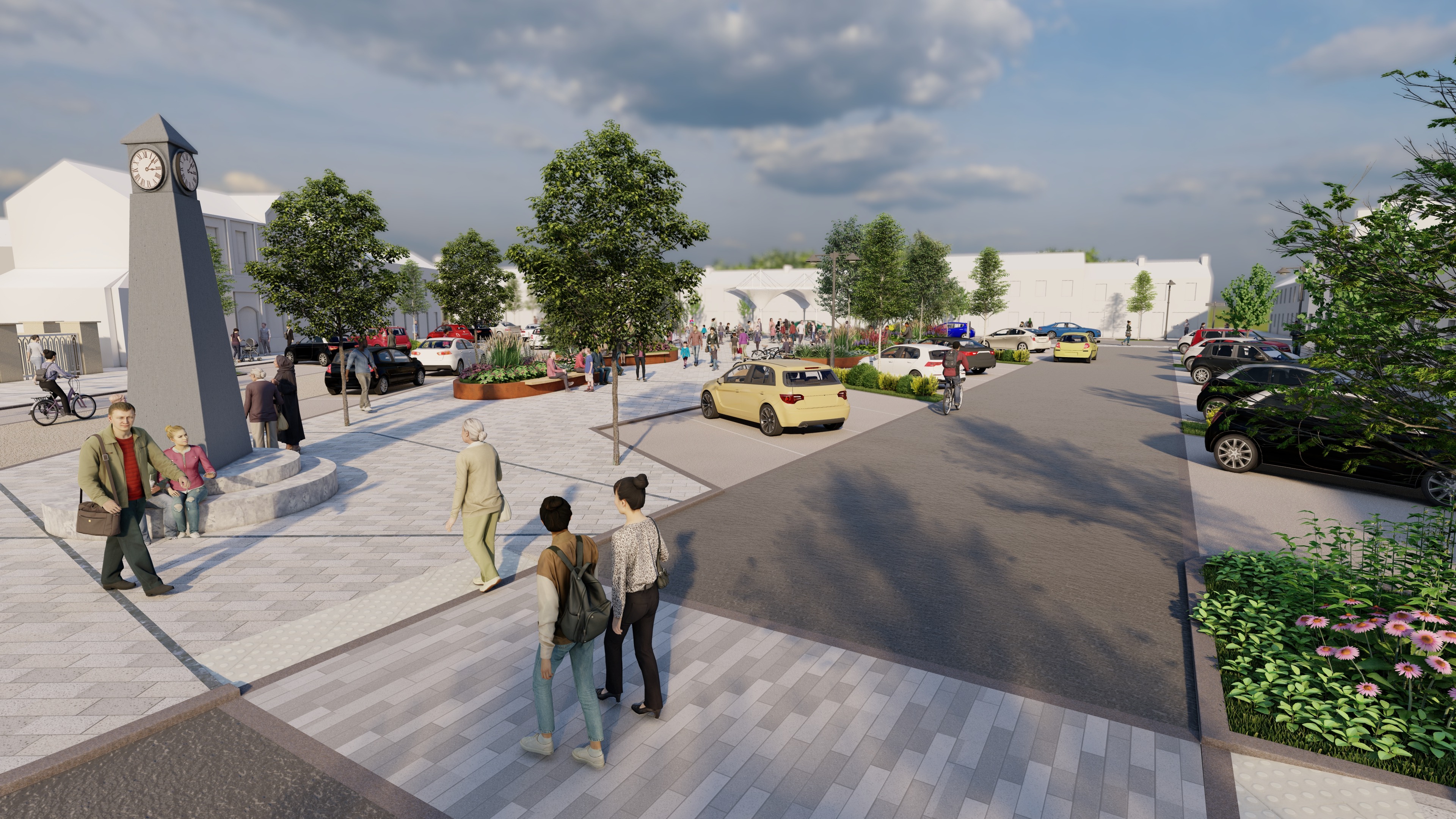 a group of people walking on a street