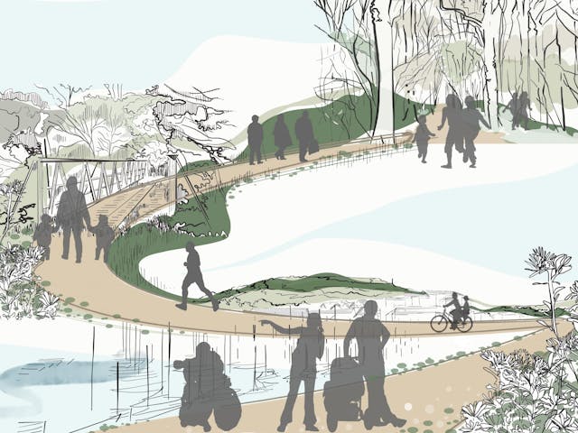 a group of people walking on a path