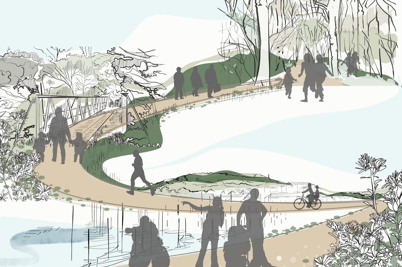 a group of people walking on a path