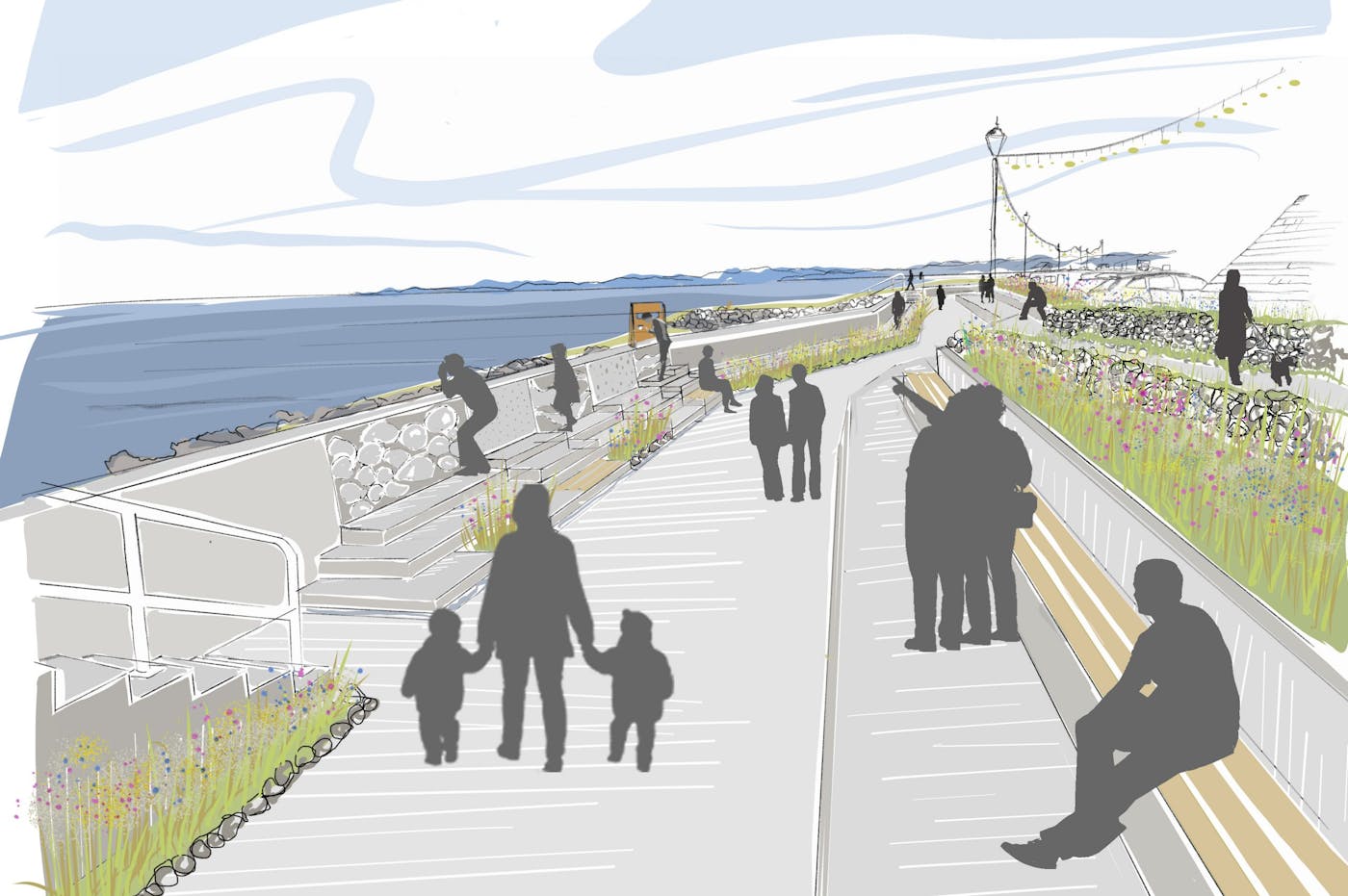 a group of people walking on a boardwalk