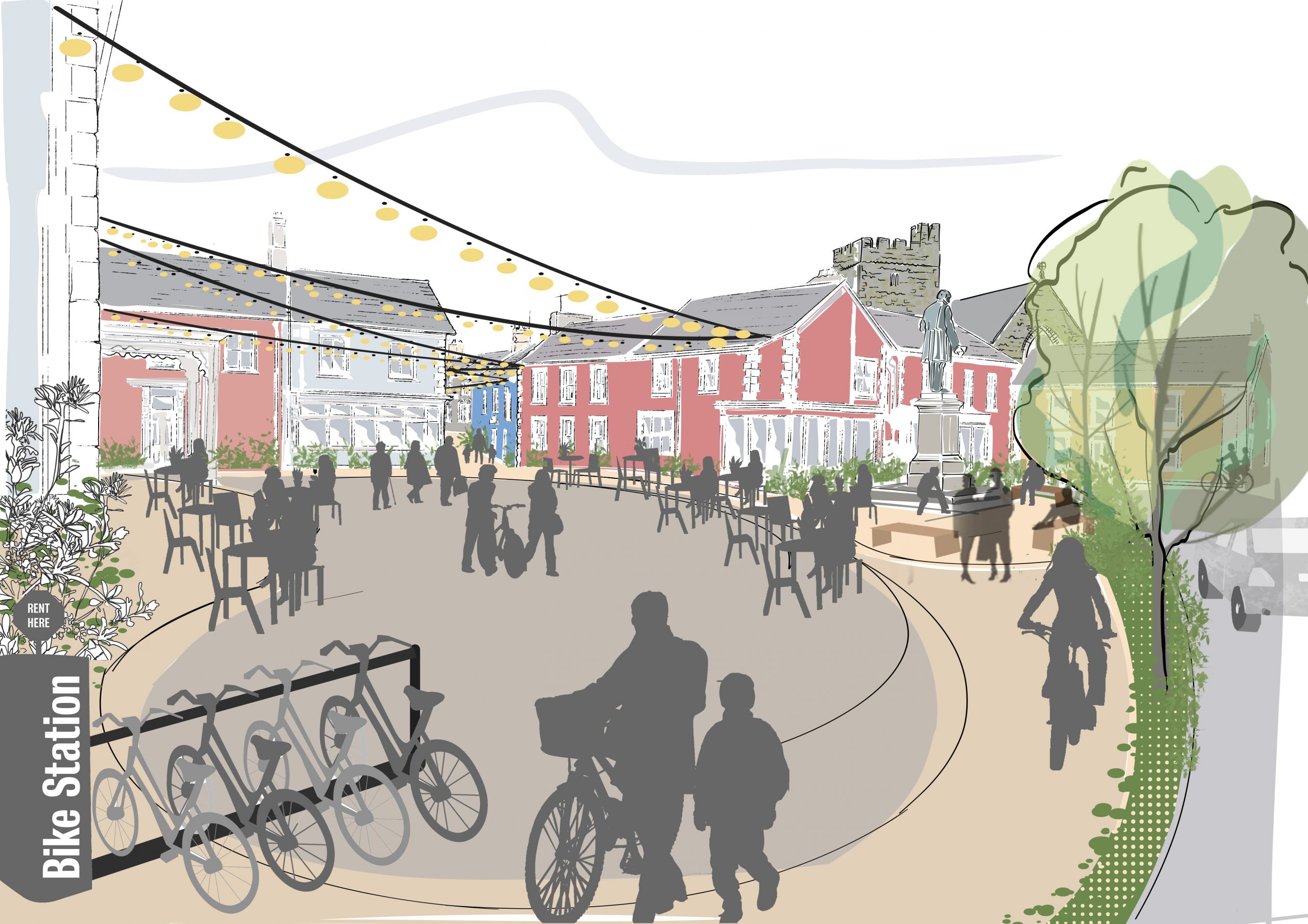 a drawing of people walking in a town square