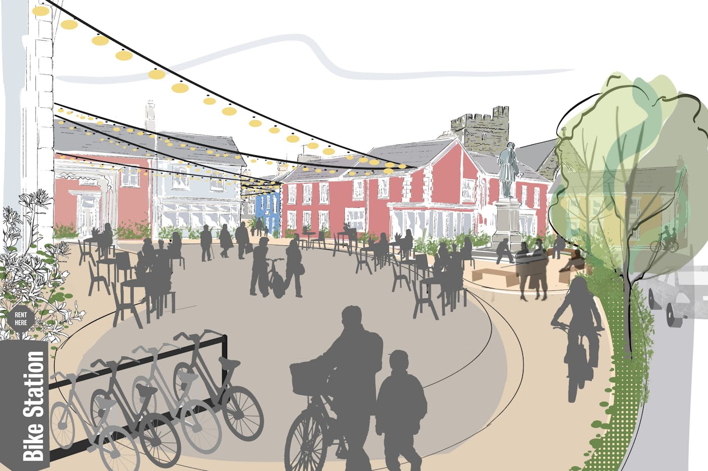 a drawing of people walking in a town square
