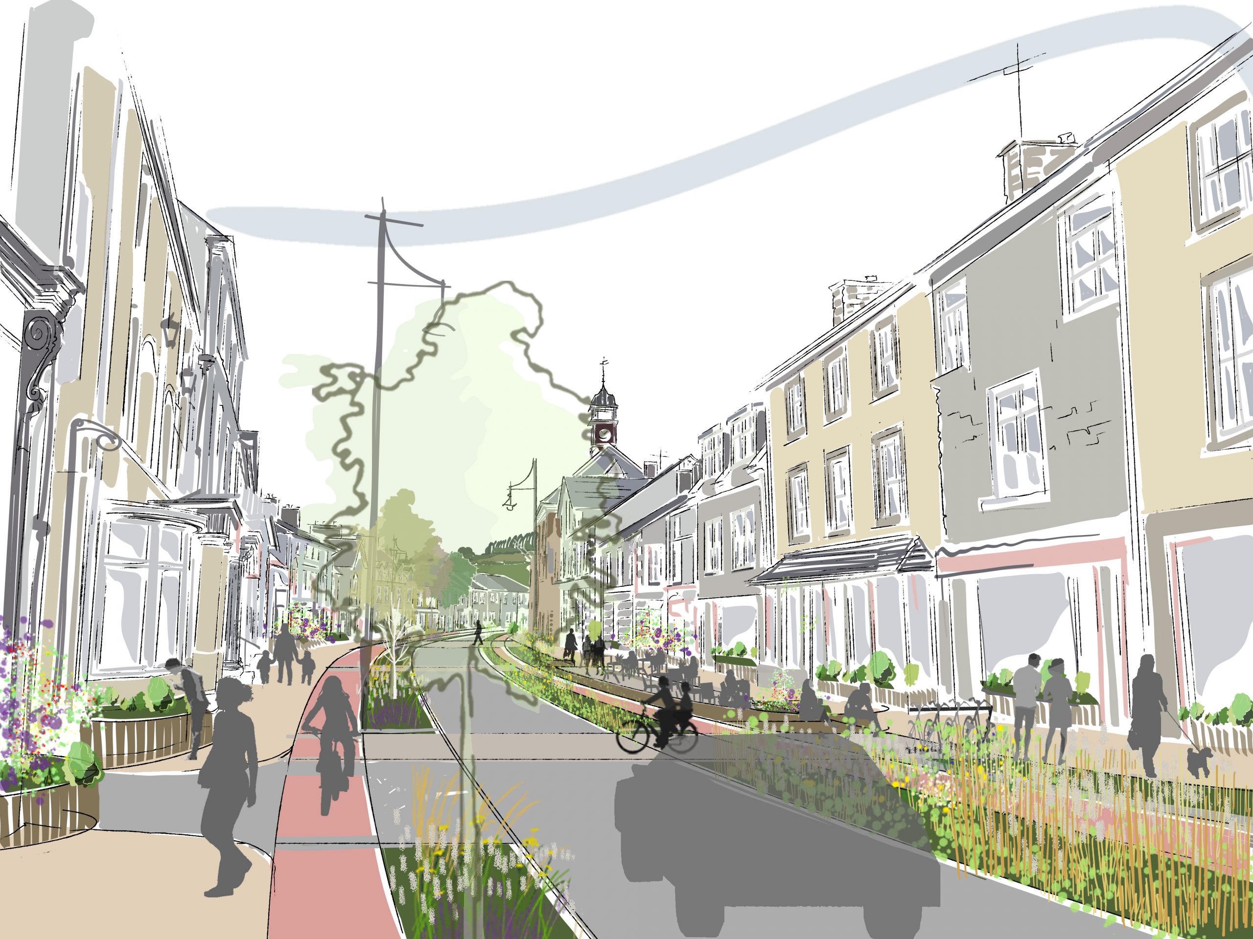 a drawing of a street with buildings and people