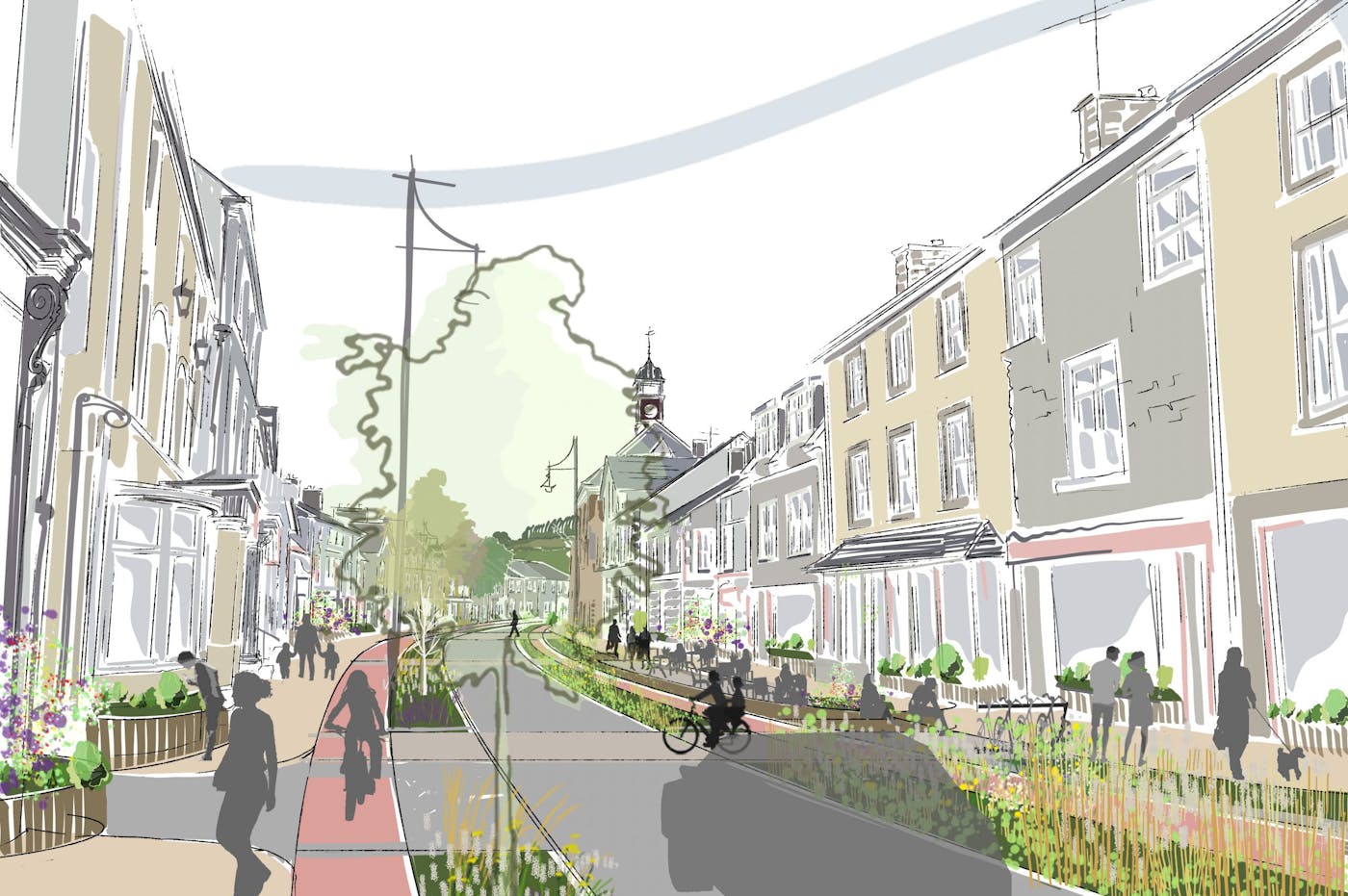 a drawing of a street with buildings and people