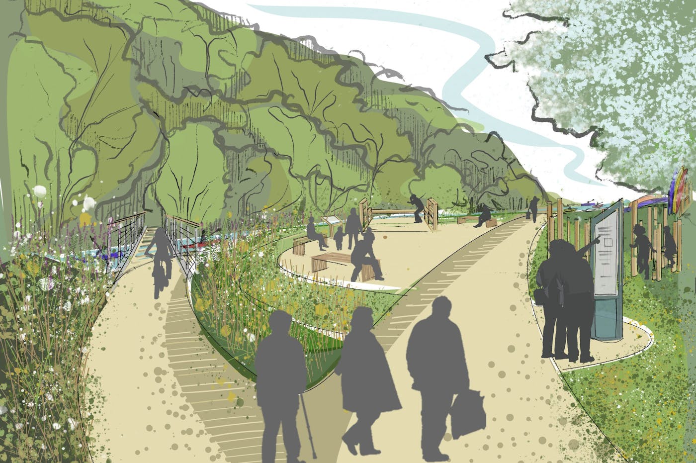 a group of people walking on a path