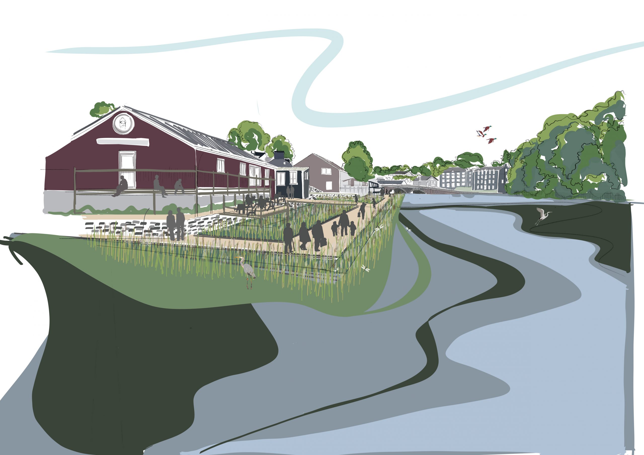 a drawing of a building and a river